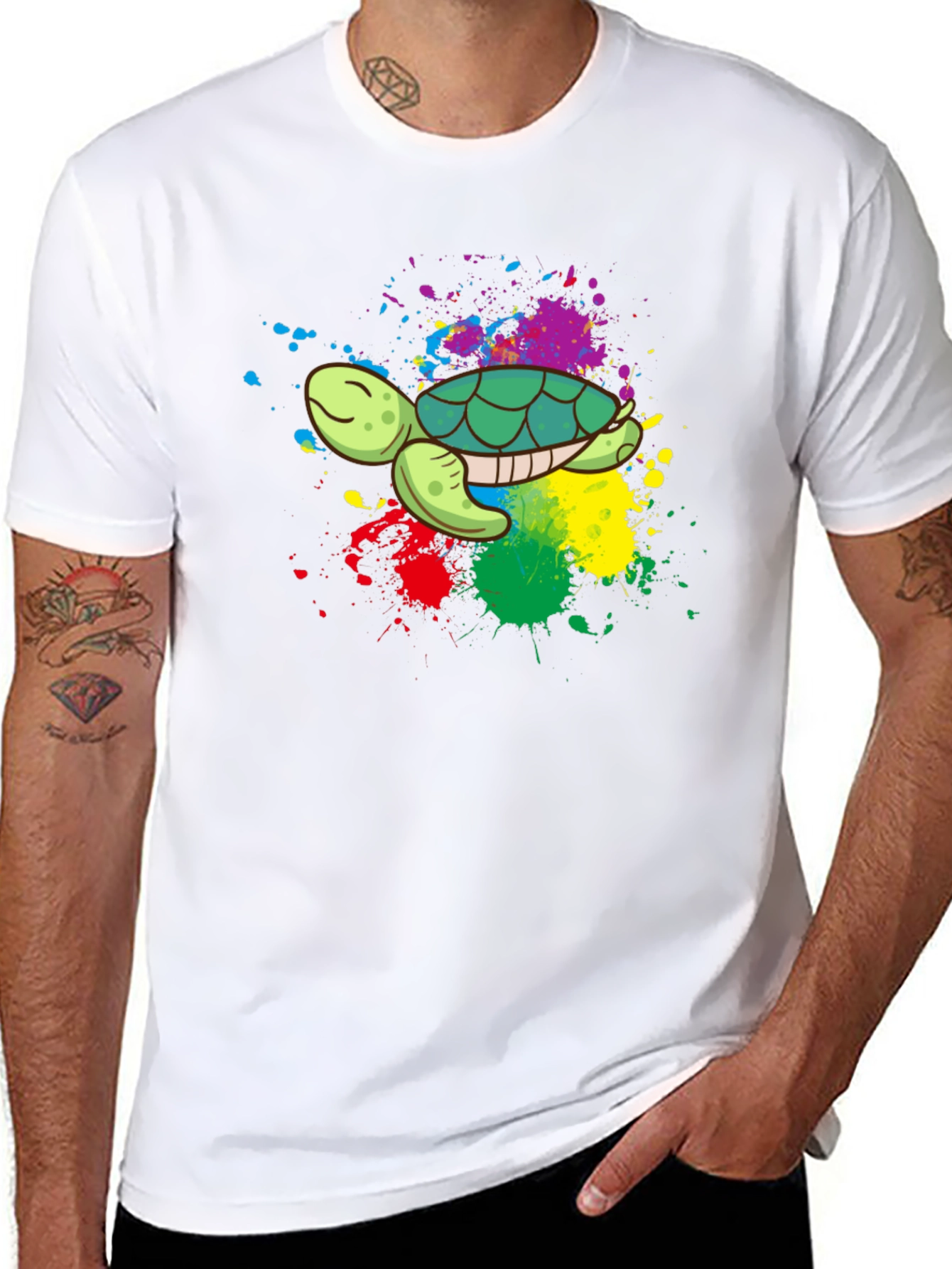 Black Colorful Turtle Graphic Tee - Black Cotton Blend view 8