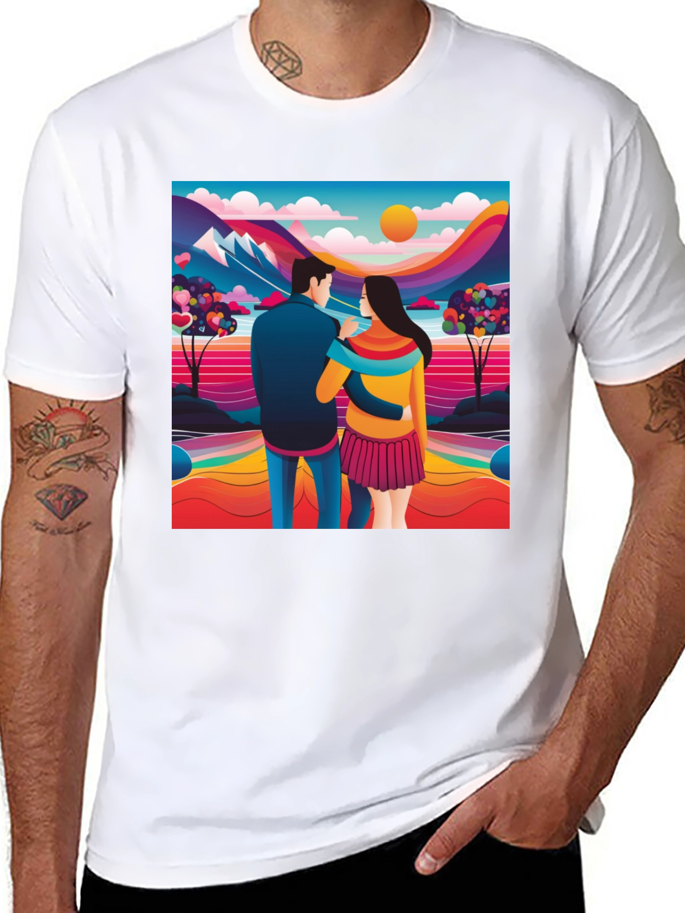 Black Couple's Colorful Landscape Tee view 8