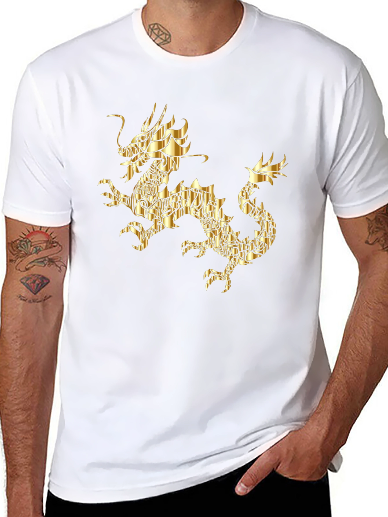 Black Golden Dragon Graphic Print Black T-Shirt view 8