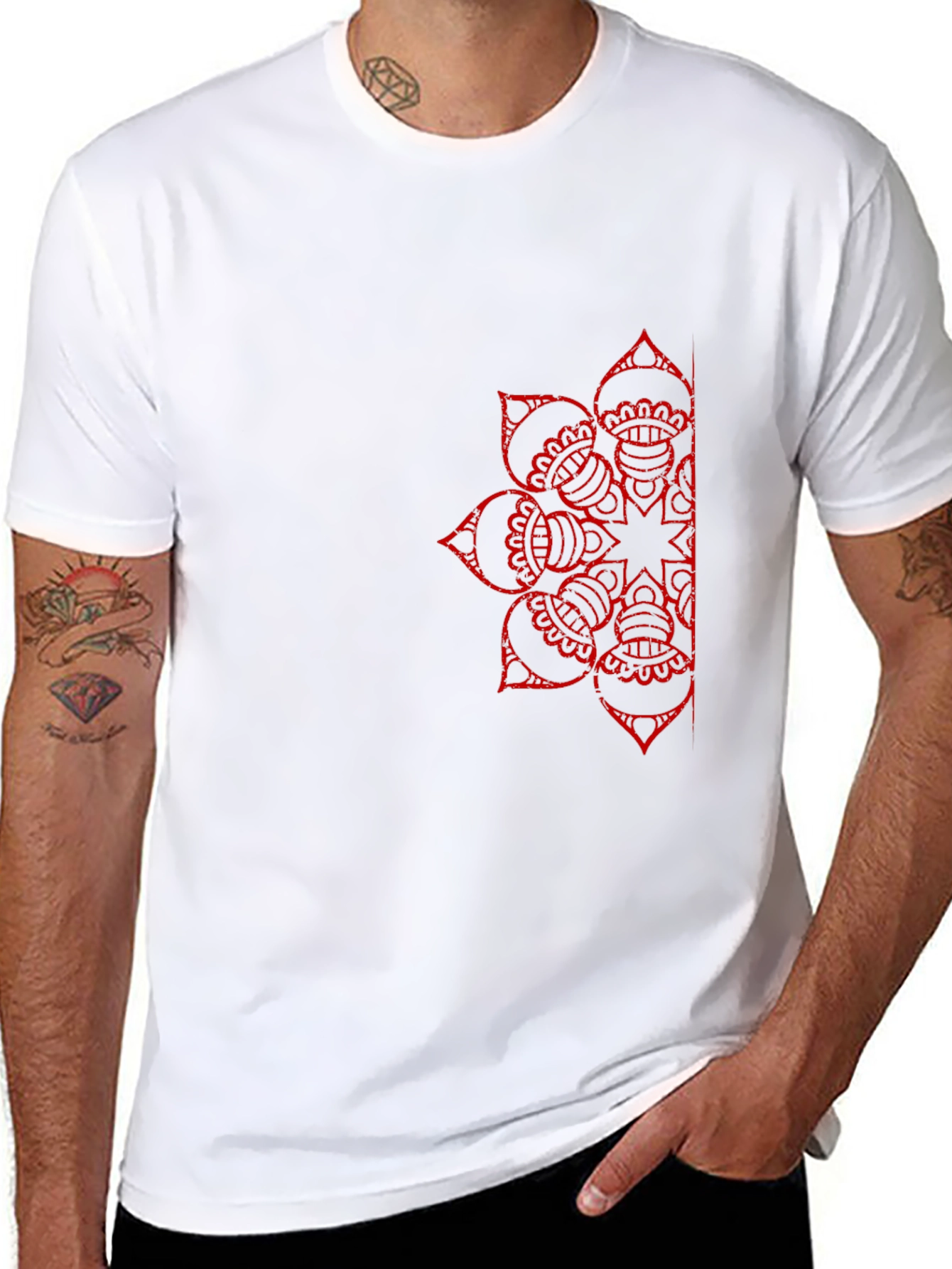 Black T-Shirt with Red Mandala Design - 8