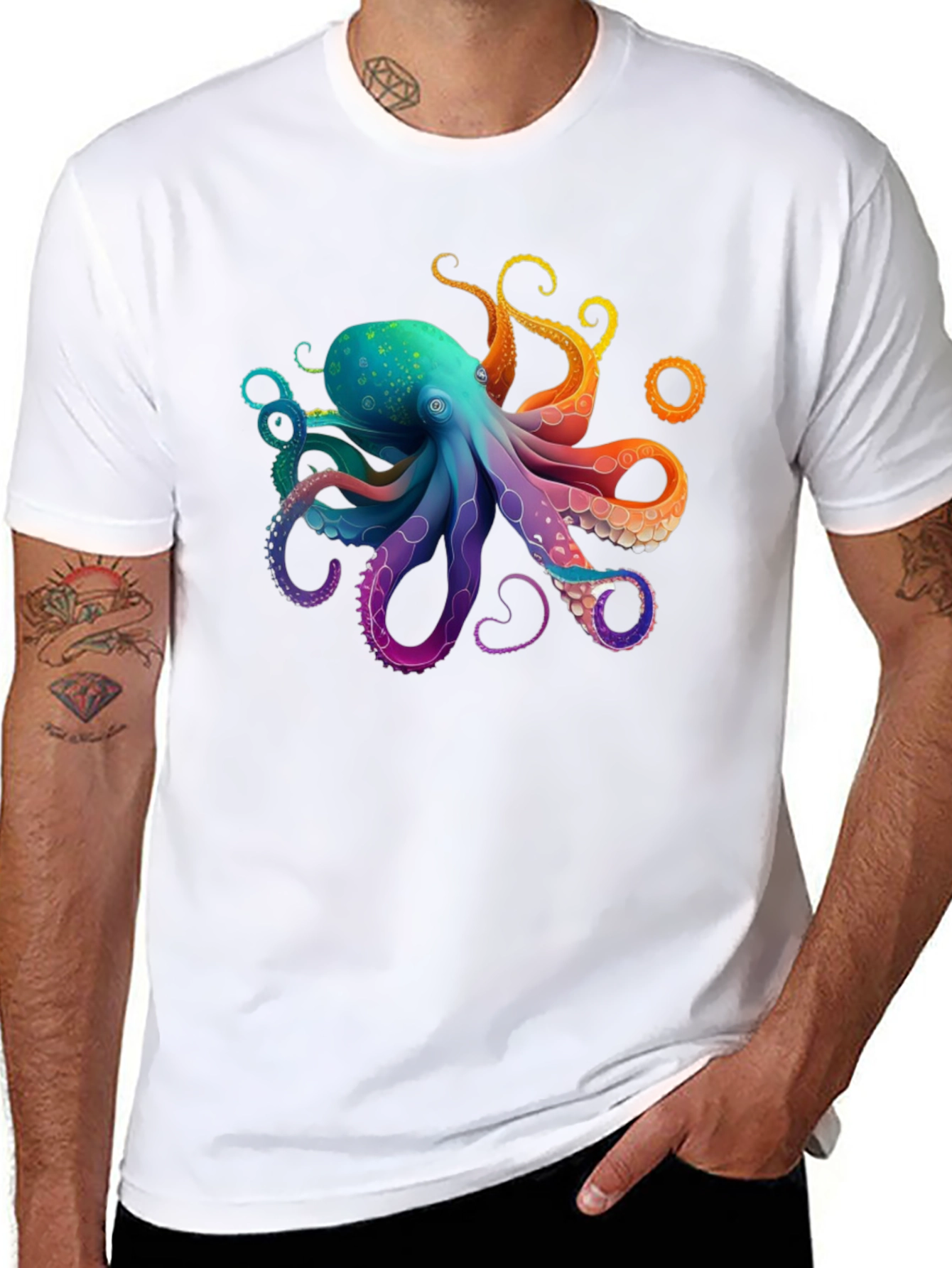 Black Rainbow Octopus Graphic T-Shirt - Black Cotton Blend view 8