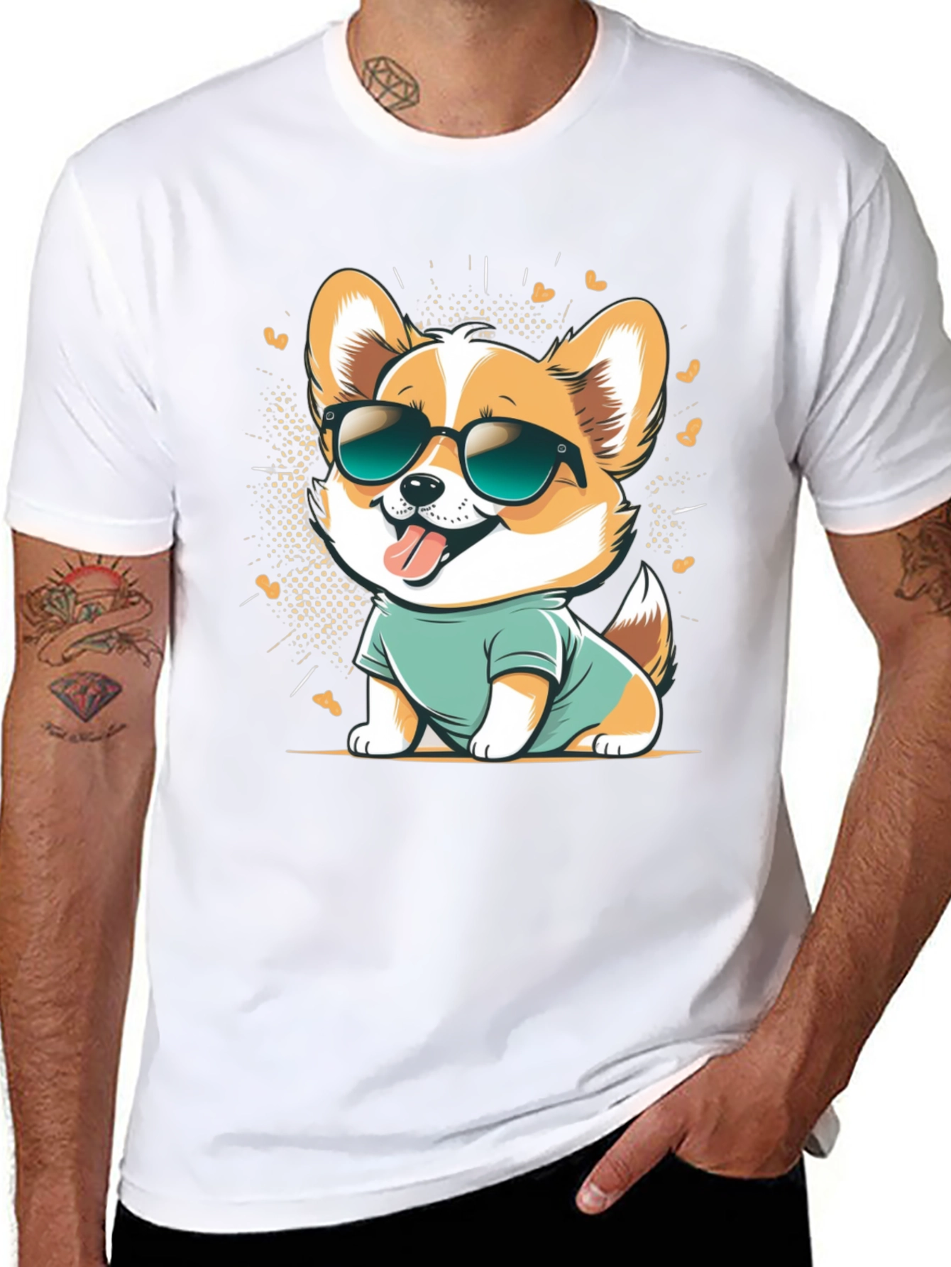 Black Cool Corgi Cartoon Graphic Tee - Black Cotton T-Shirt view 8