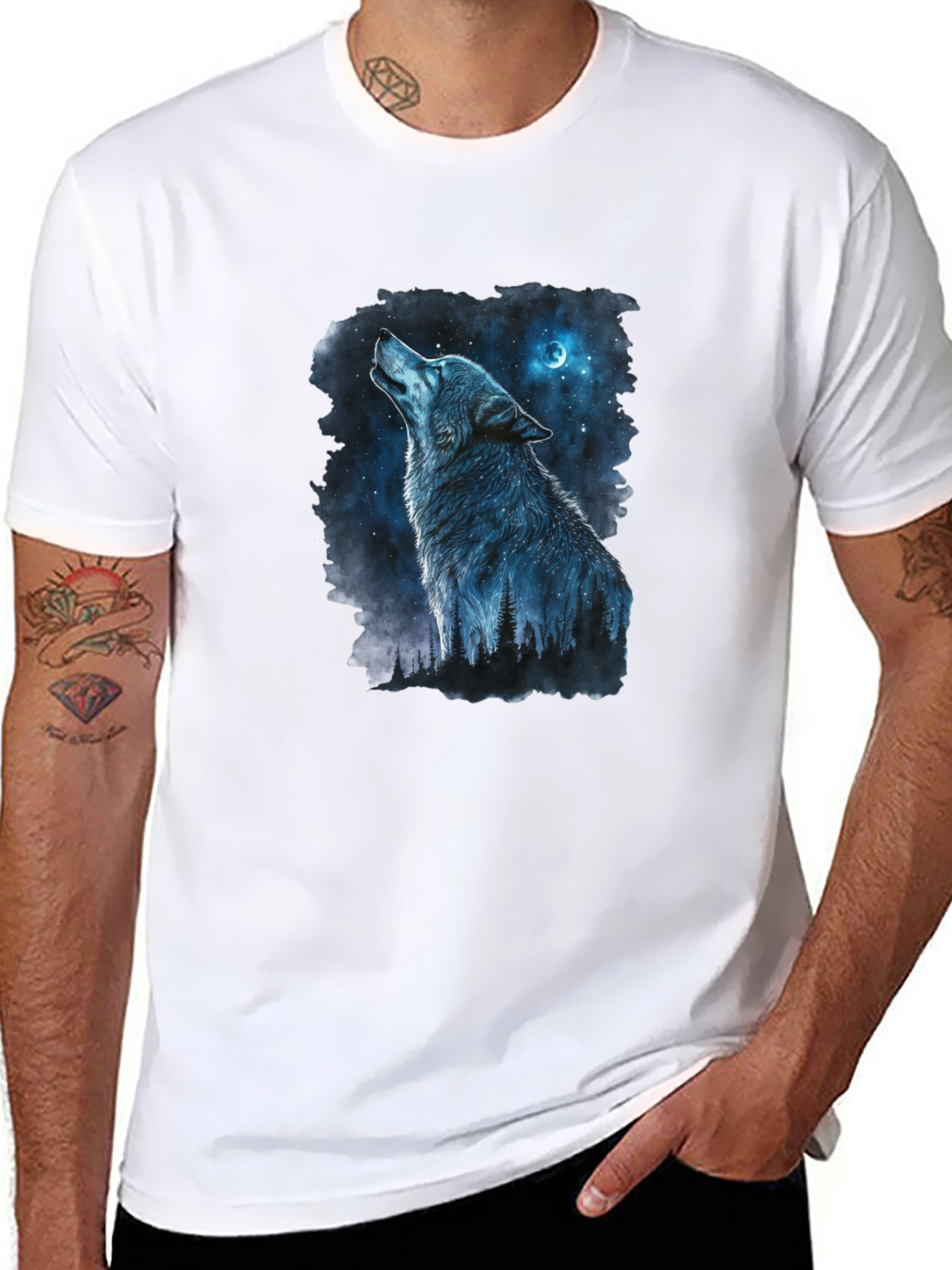 Black Wolf Howling at Moon Graphic Black T-Shirt view 8