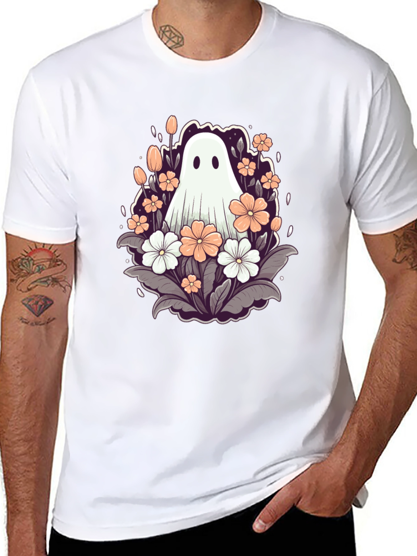 Black Floral Ghost Graphic Tee - Spooky Season Style view 8
