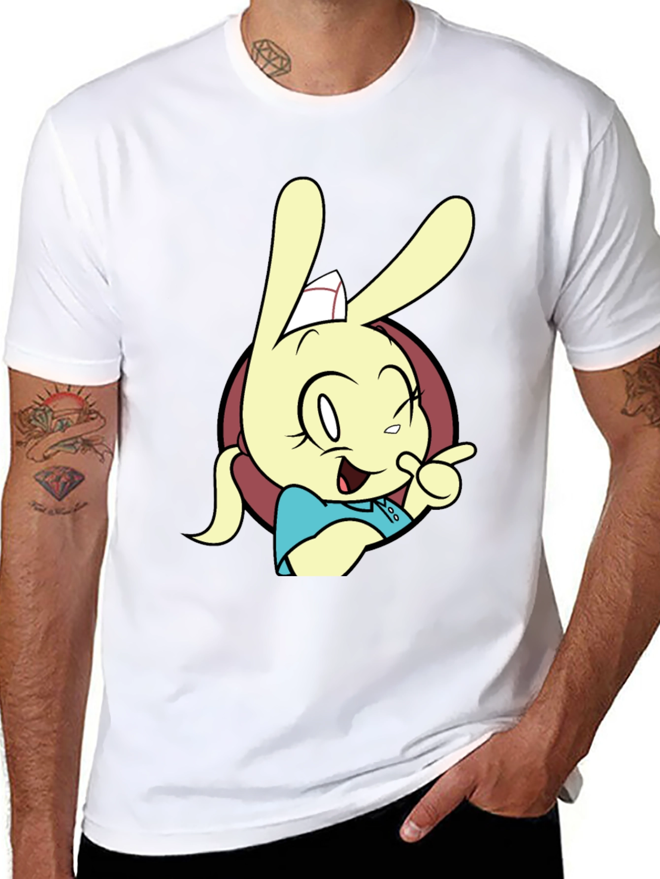 Black Cartoon Rabbit Graphic T-Shirt - Black view 8