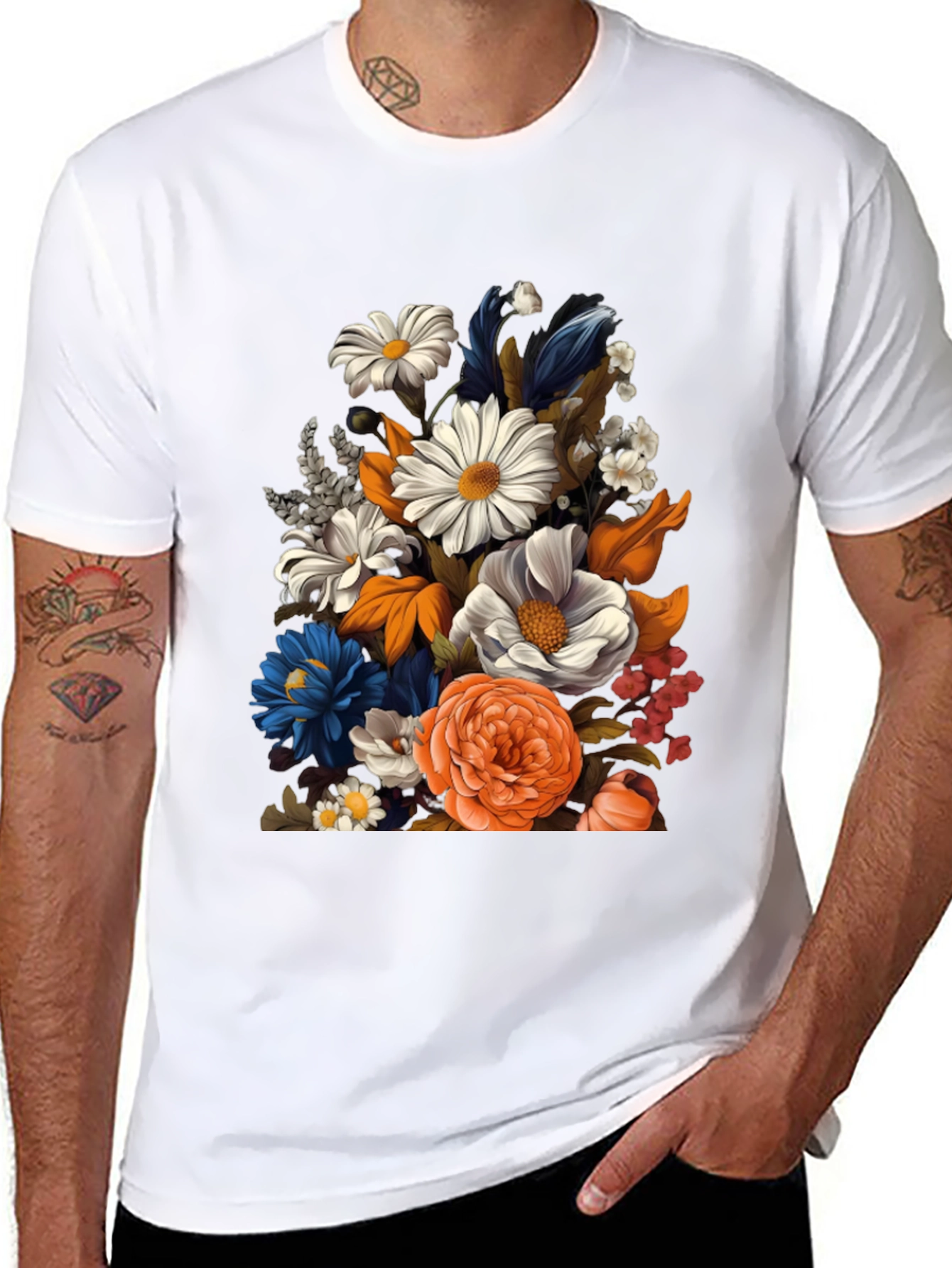 Black Floral Print Black T-Shirt for Men view 8