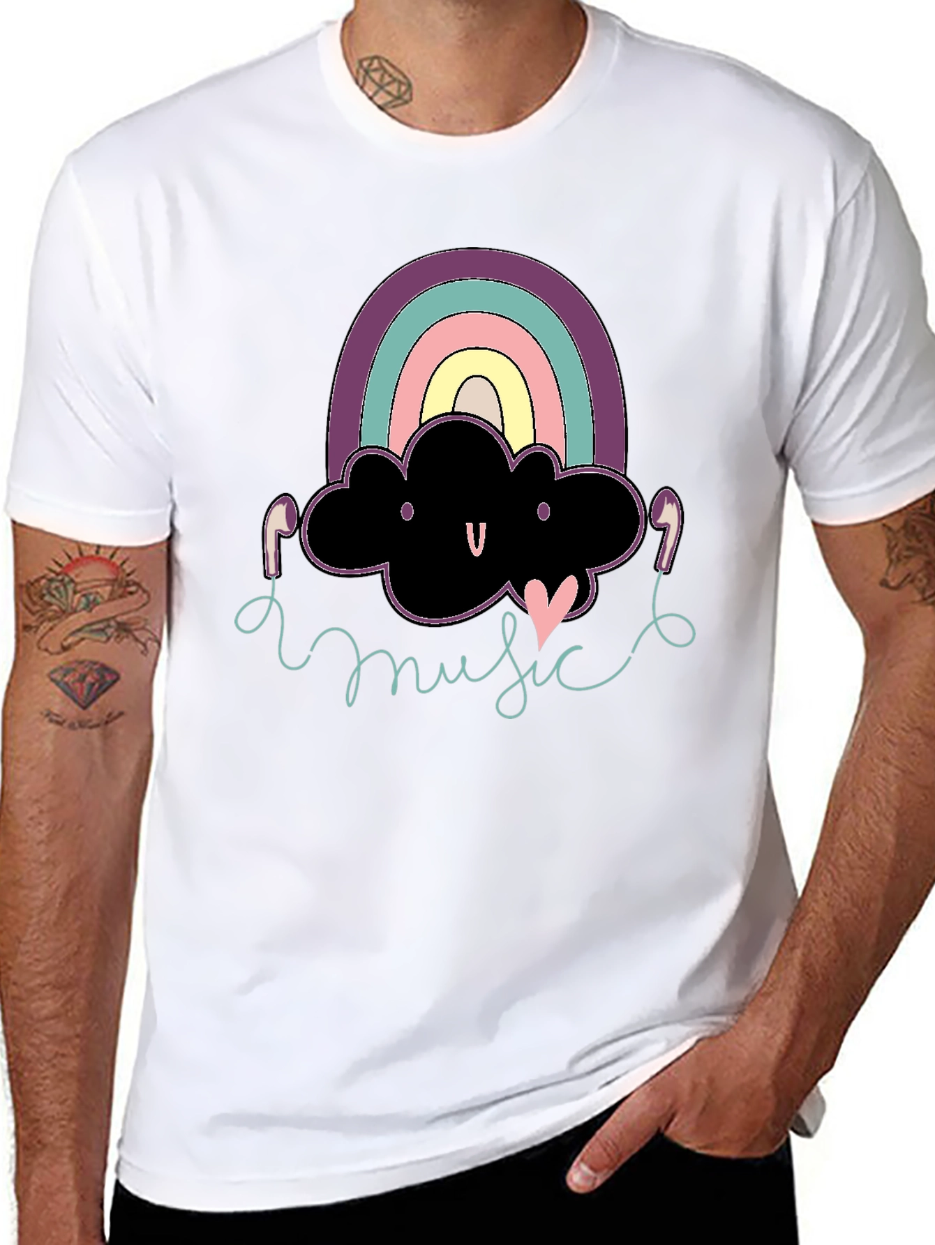 Black Rainbow Cloud Music T-Shirt Cute Design Black Cotton view 8