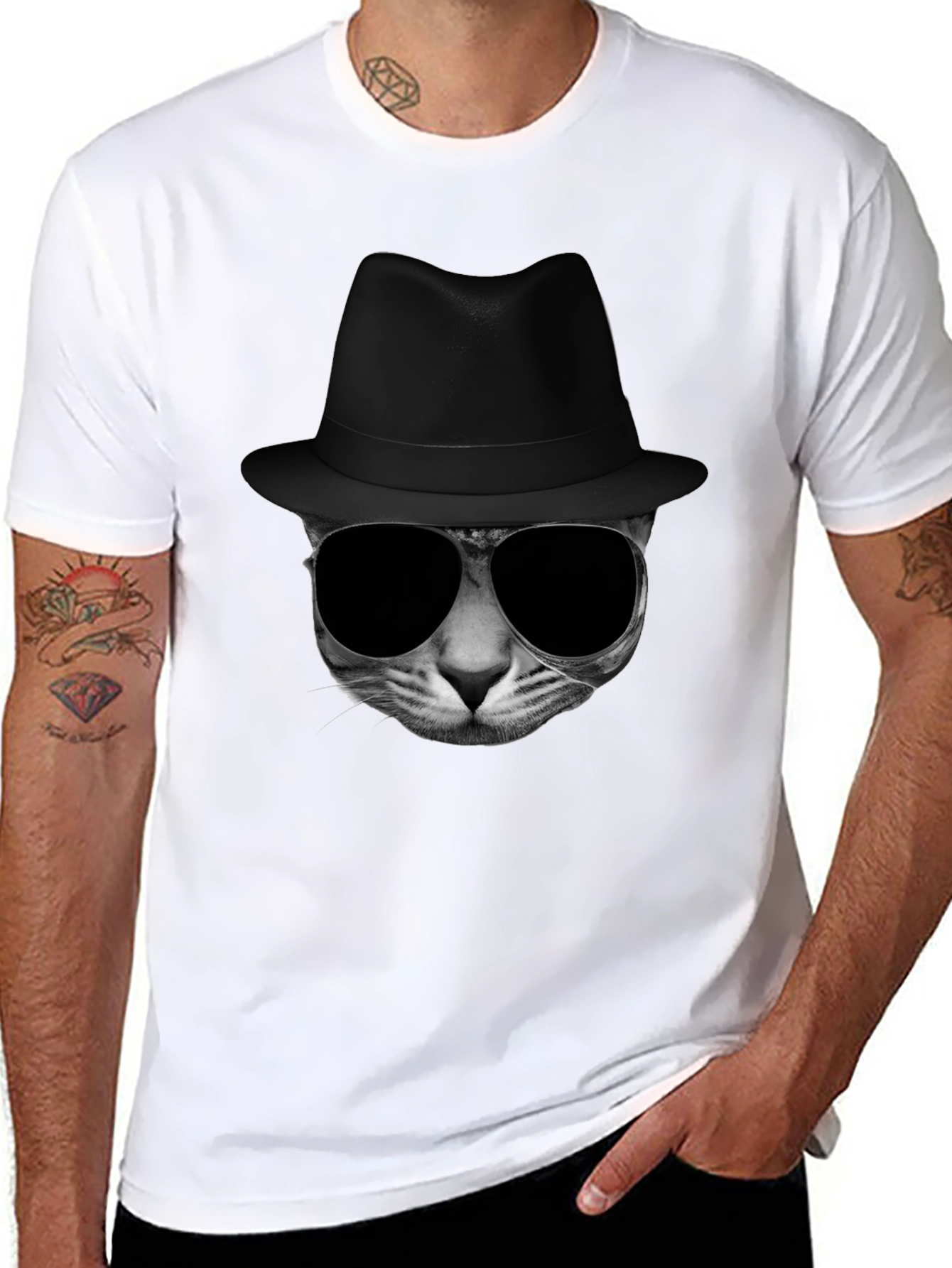 Black Cool Cat in Hat Graphic Tee view 8