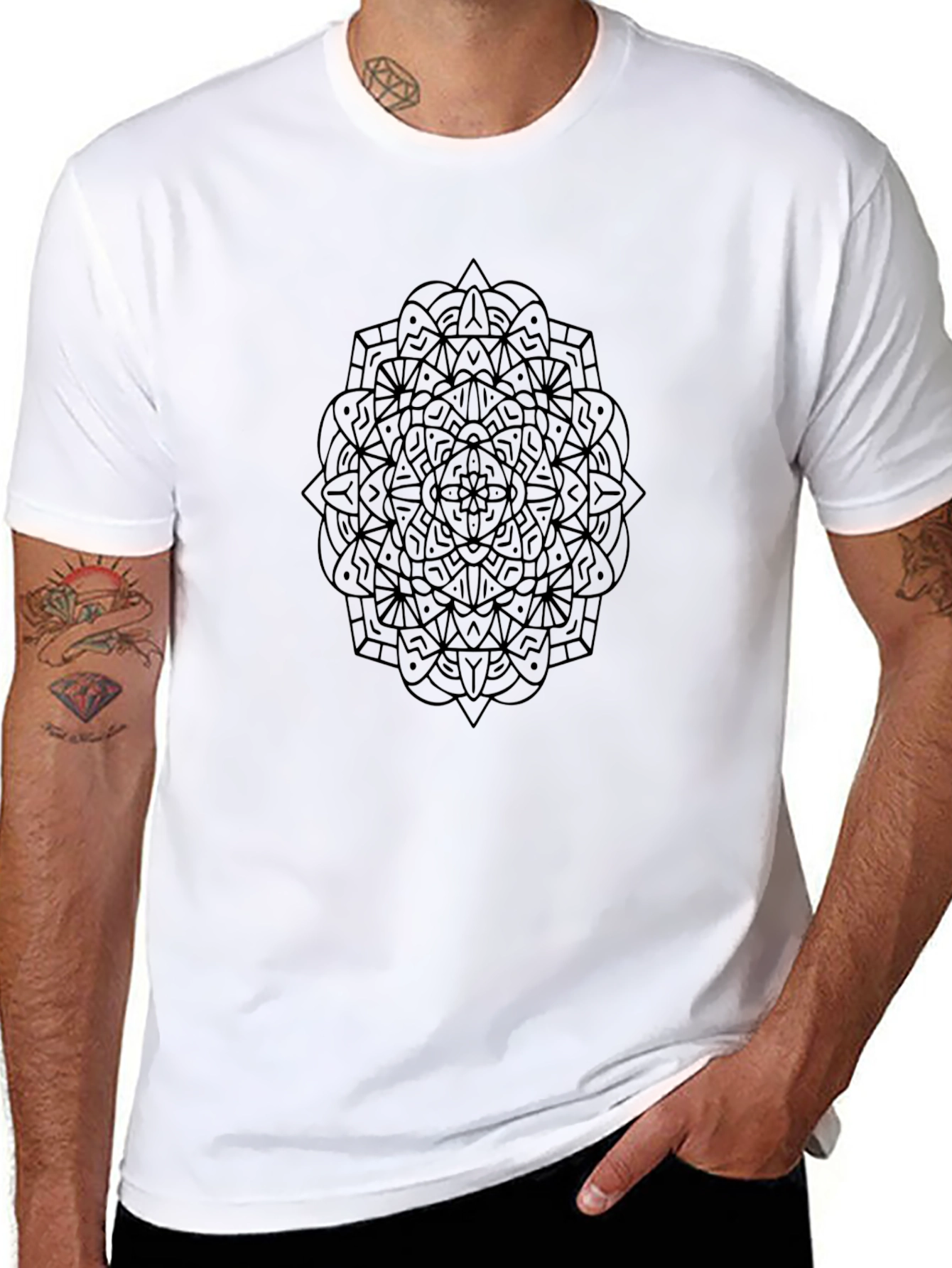 Black Geometric Mandala Graphic Print Black T-Shirt view 8