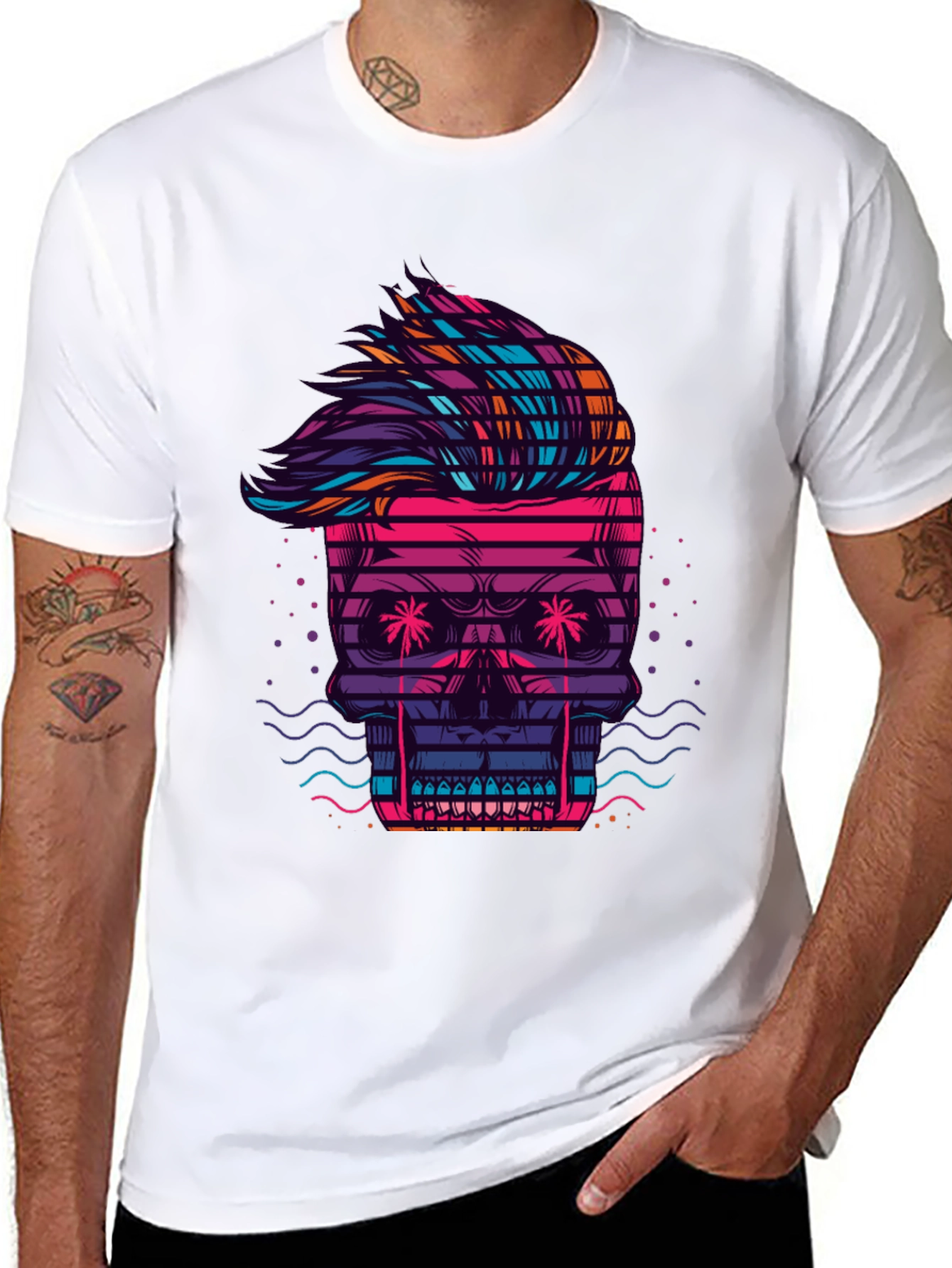 Black Neon Skull Graphic Tee - Retro Wave Style view 8