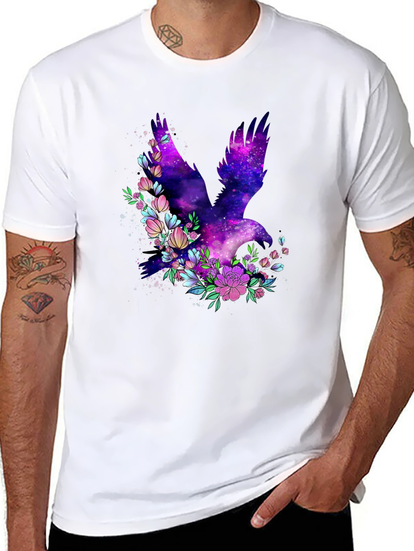 Black Galaxy Bird Floral Graphic T-Shirt view 8