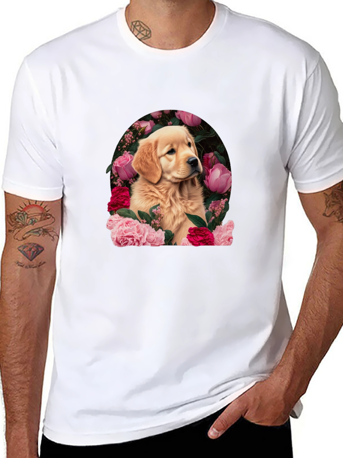Black Golden Retriever & Floral Black T-Shirt view 8
