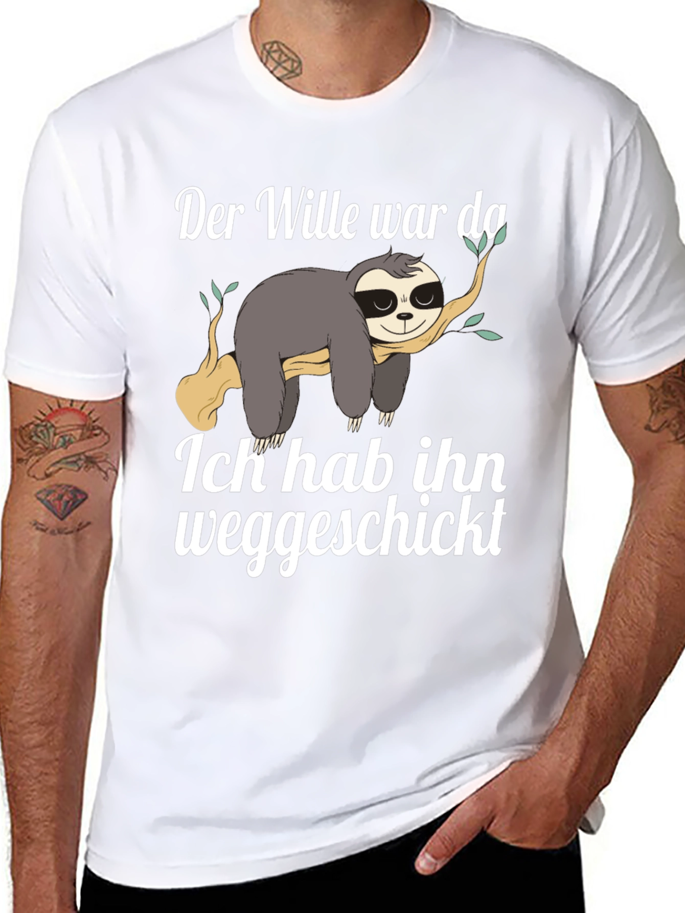 Black Sloth Funny German T-Shirt "Der Wille war da" view 8