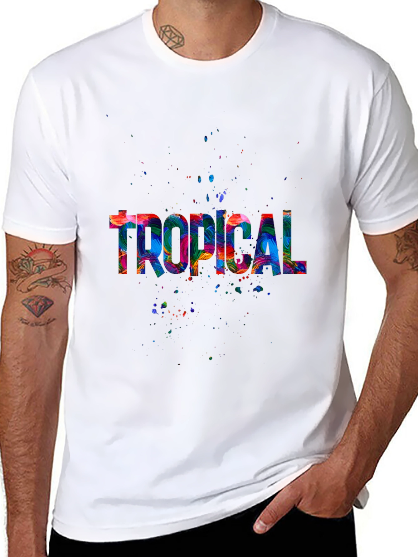 Black Tropical Splash Men's Black T-Shirt view 8