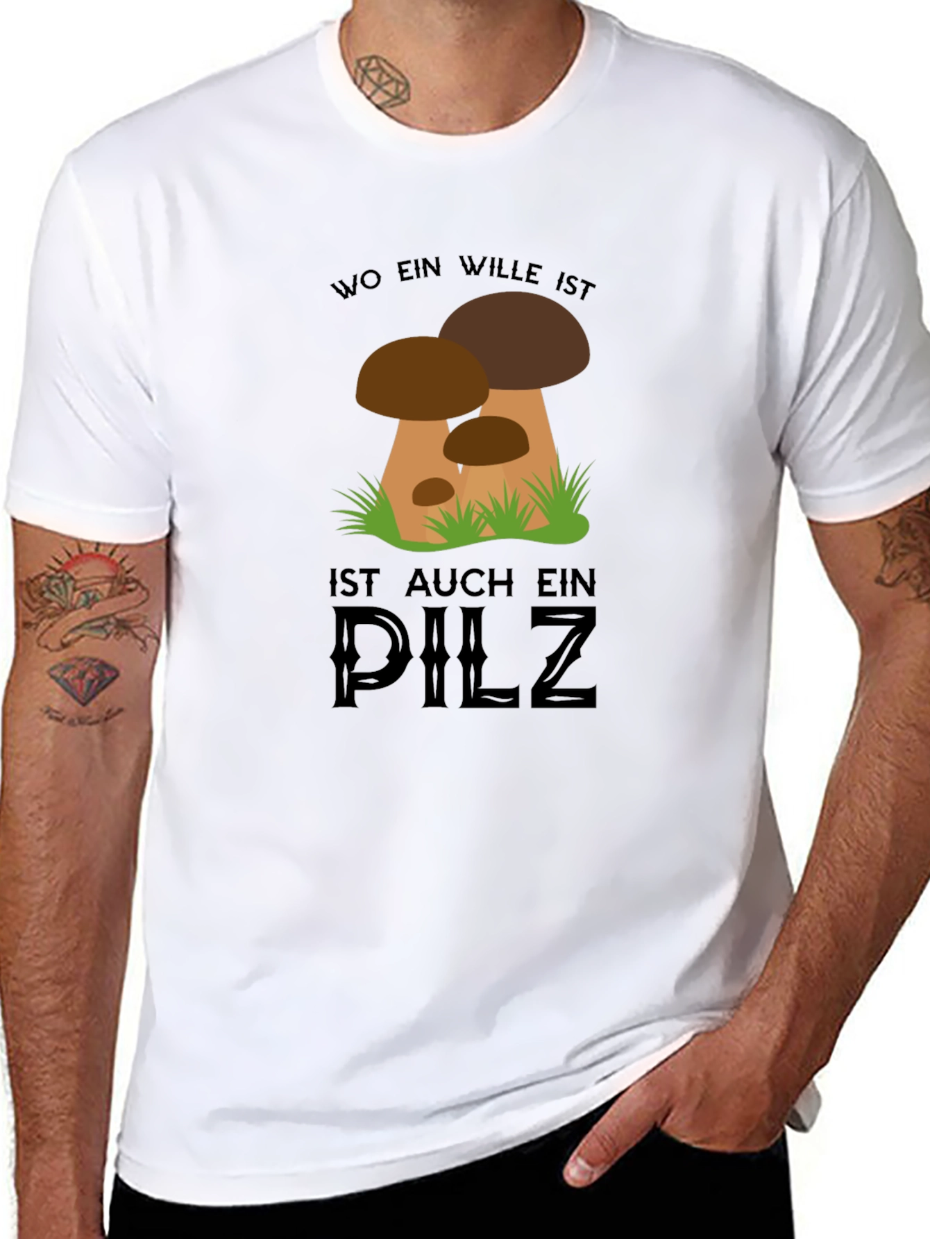 Black Mushroom T-Shirt - "Wo Ein Wille Ist Auch Ein Pilz" Design view 8