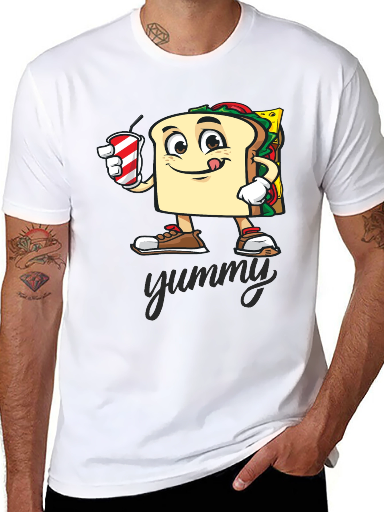 Black Sandwich Cartoon T-Shirt - "Yummy" Design view 8