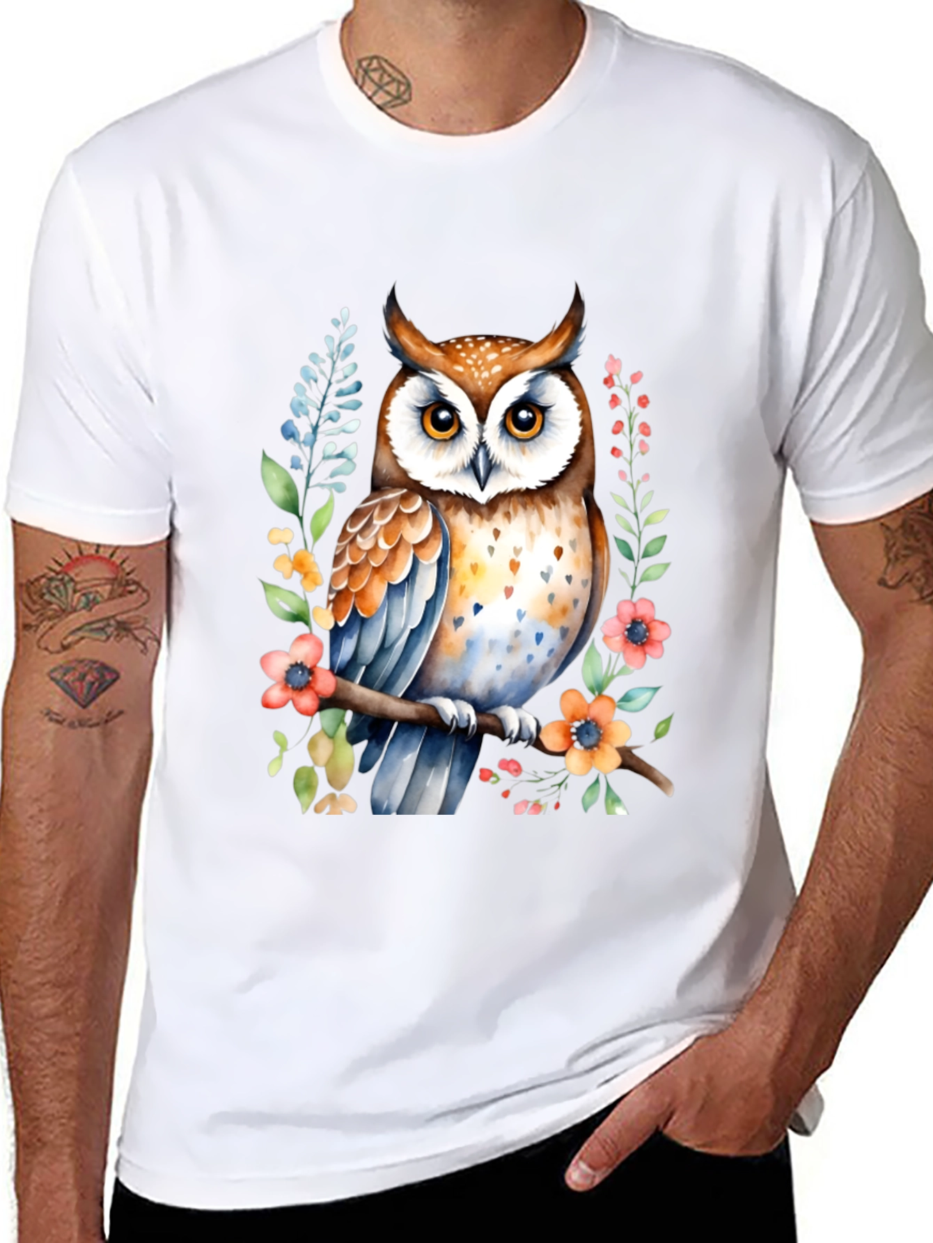 Black Owl Watercolor Graphic Tee - Unique Floral Design view 8