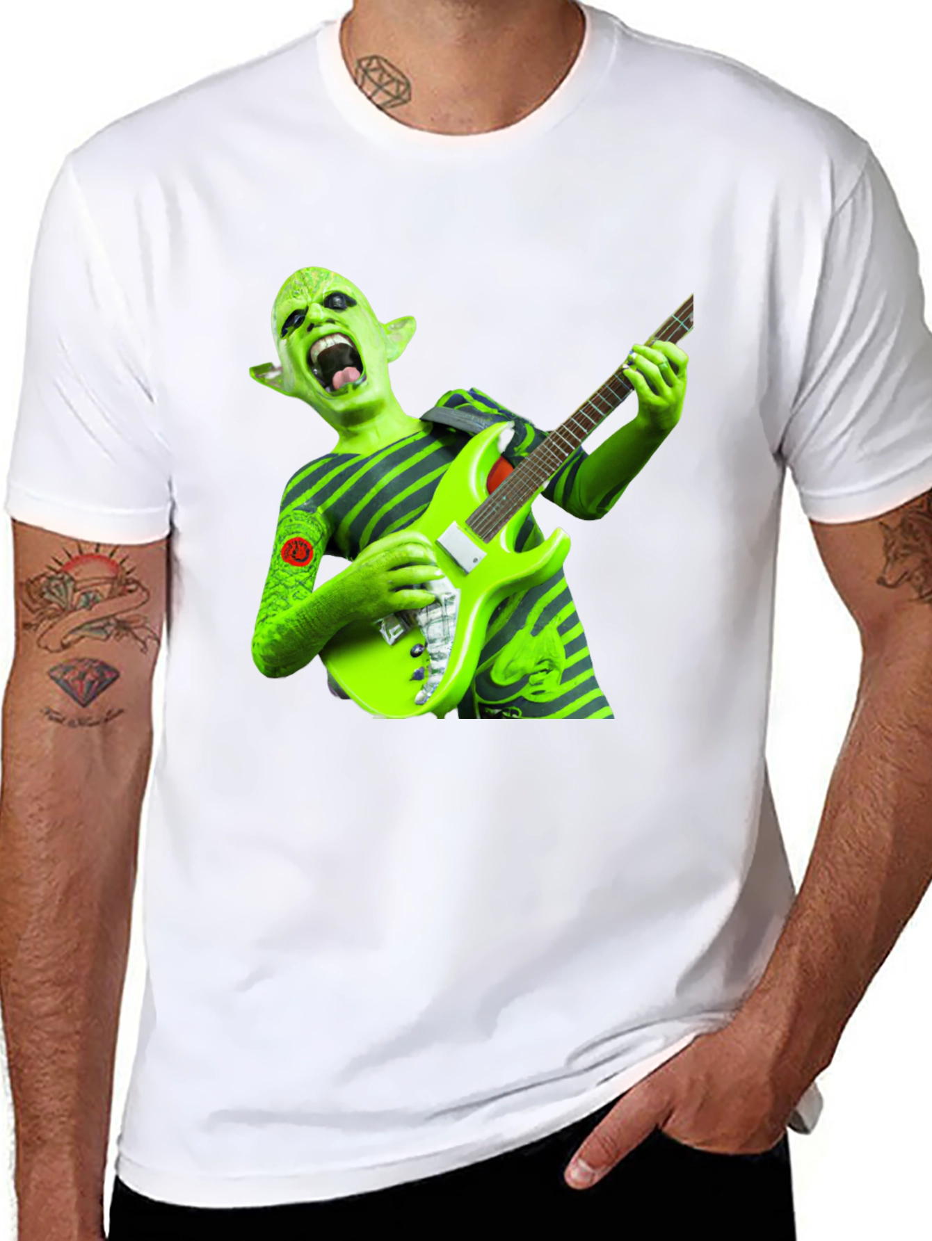 Black Green Alien Guitarist Graphic Tee view 8