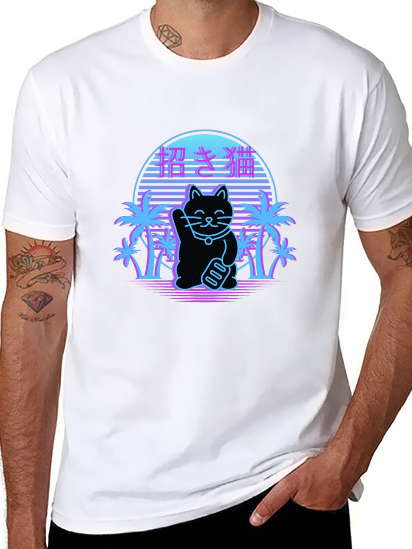 Black Lucky Cat Retro T-Shirt view 8