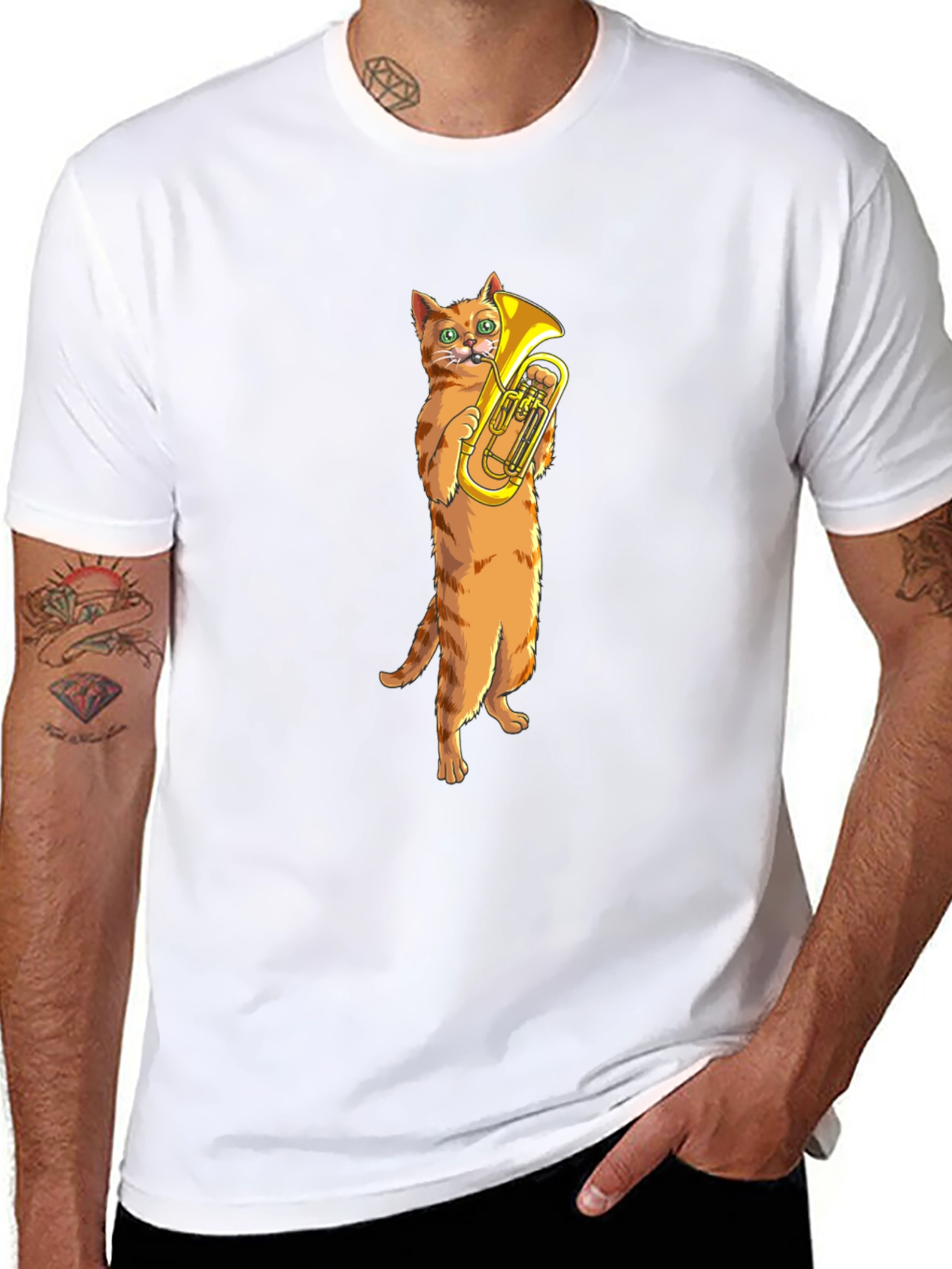 Black Cat Tuba Player Black T-Shirt view 8