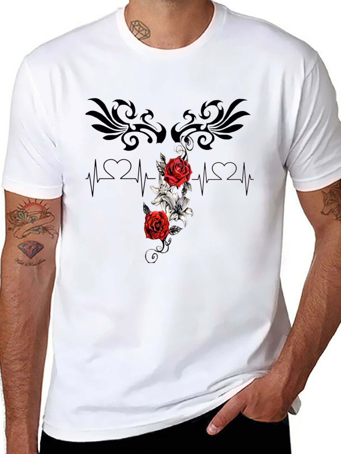 Black Floral Heartbeat T-Shirt - Stylish Graphic Tee view 8