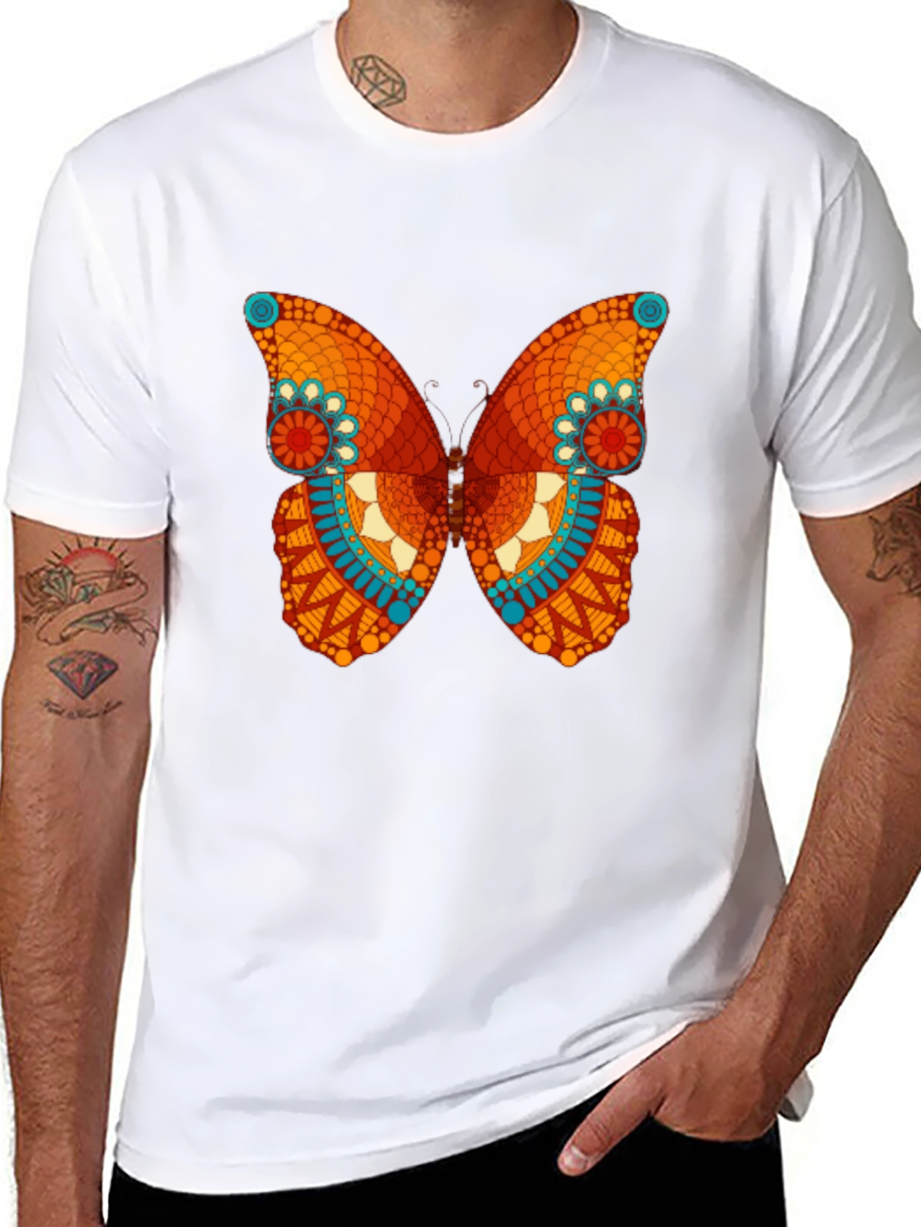 Butterfly Mandala Graphic Tee - Stylish Men's Black T-Shirt - 8