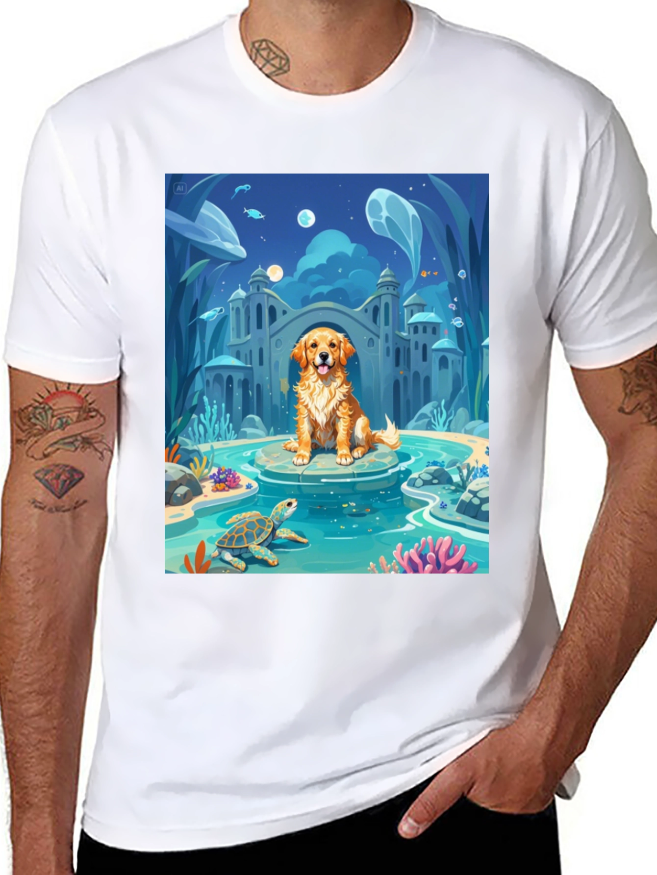Black Underwater Dog Cartoon Graphic Tee view 8