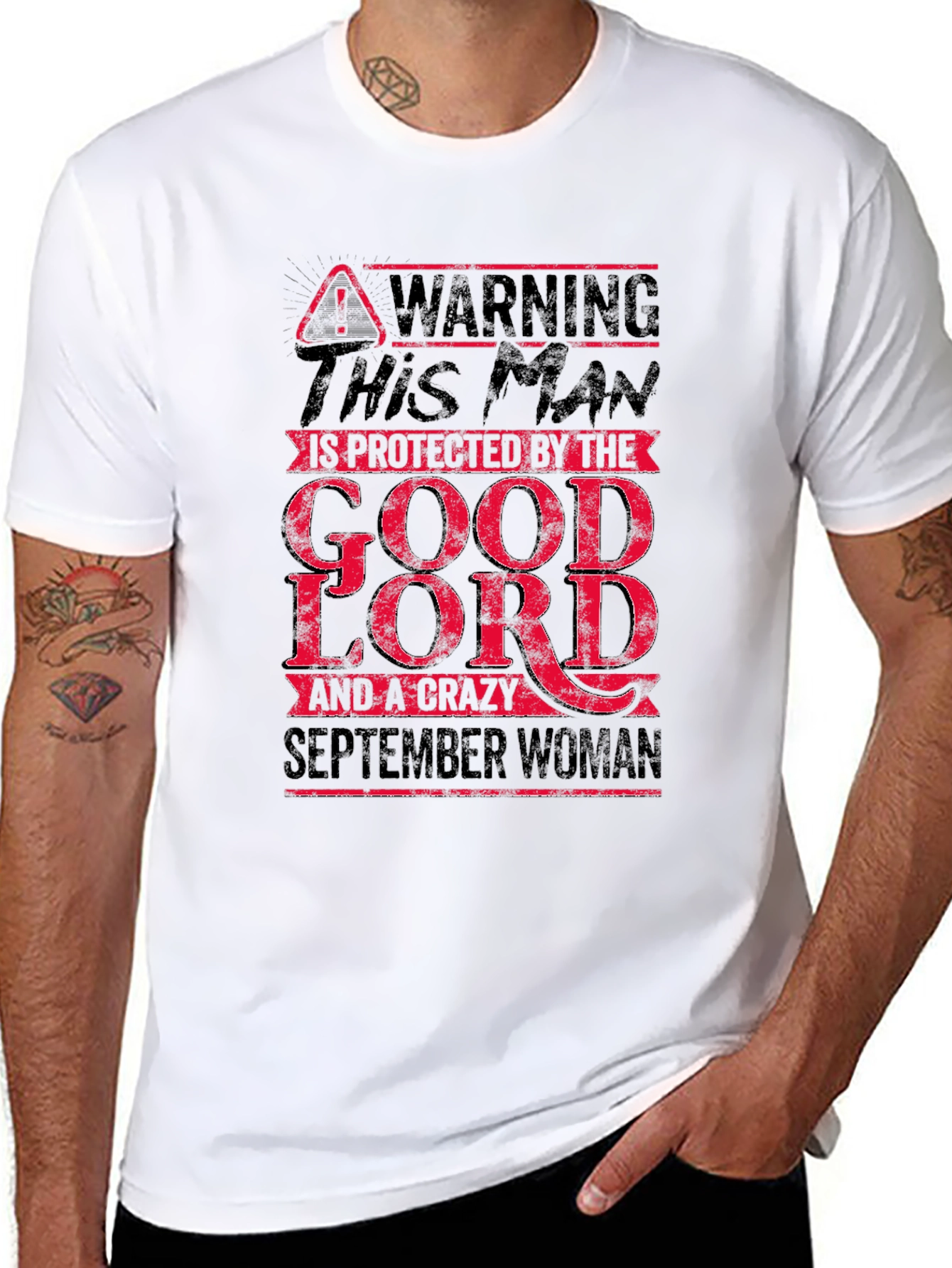 Black Warning Protected by Good Lord and September Woman T-Shirt view 8