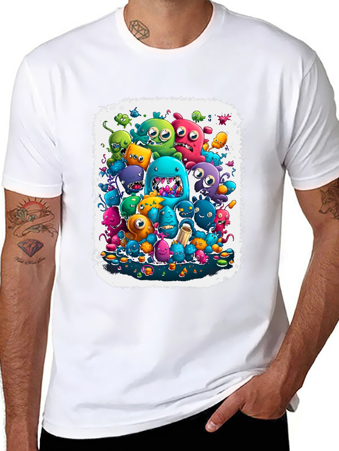 Black Monster Mash Tee: Colorful Cartoon Graphic Print view 8