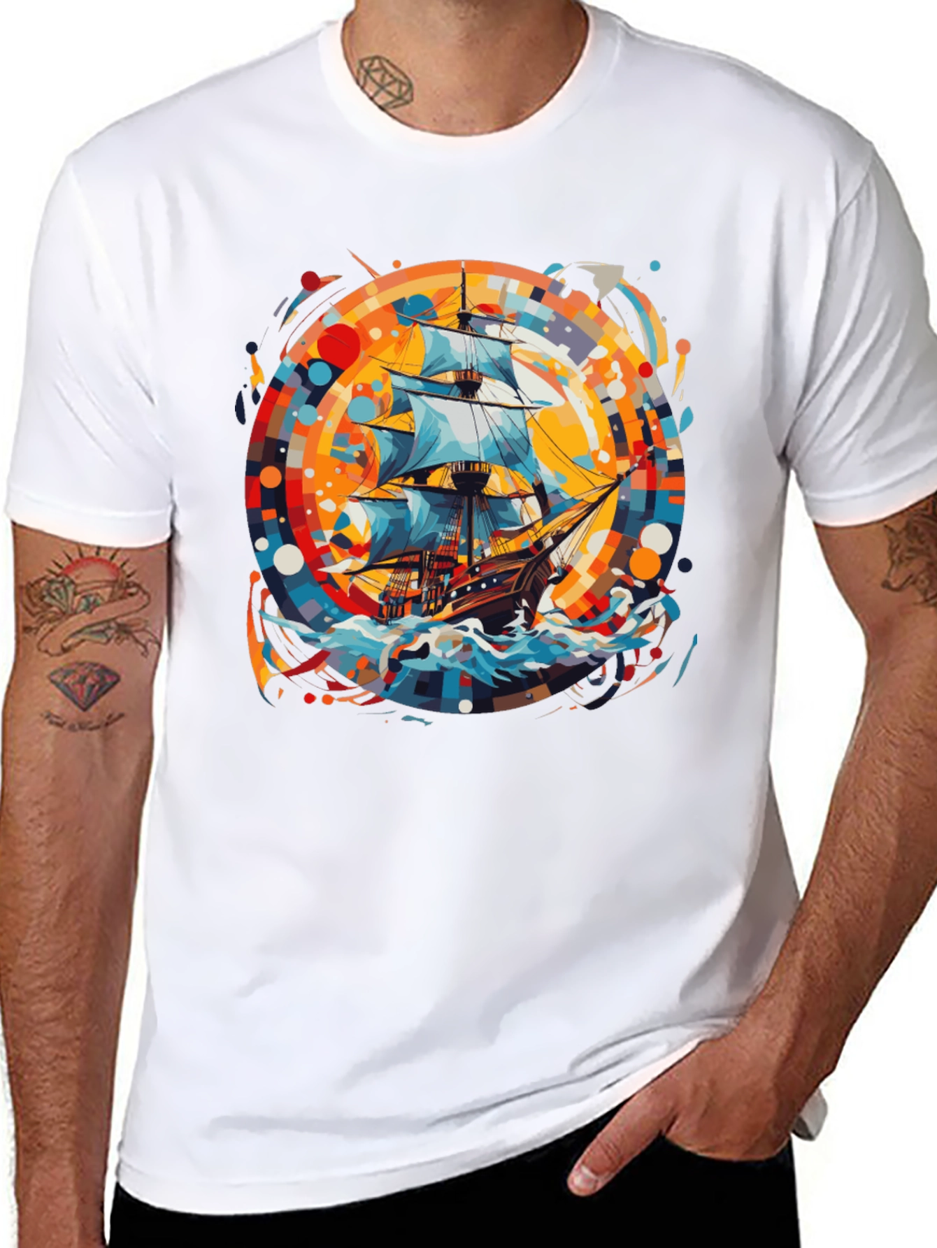Black Nautical Adventure Tee: Ship Graphic Black Cotton Shirt view 8