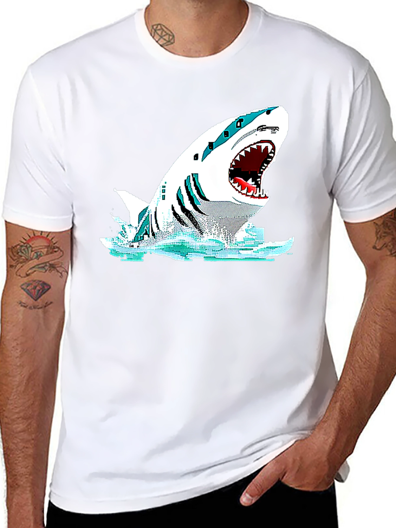 Shark Graphic Black T-Shirt - Pixelated Design - 8
