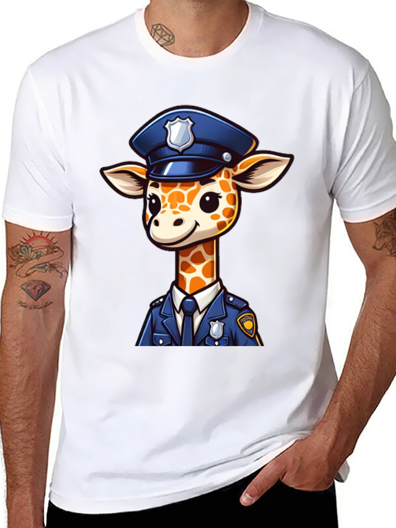Black Giraffe Police Officer Black T-Shirt view 8