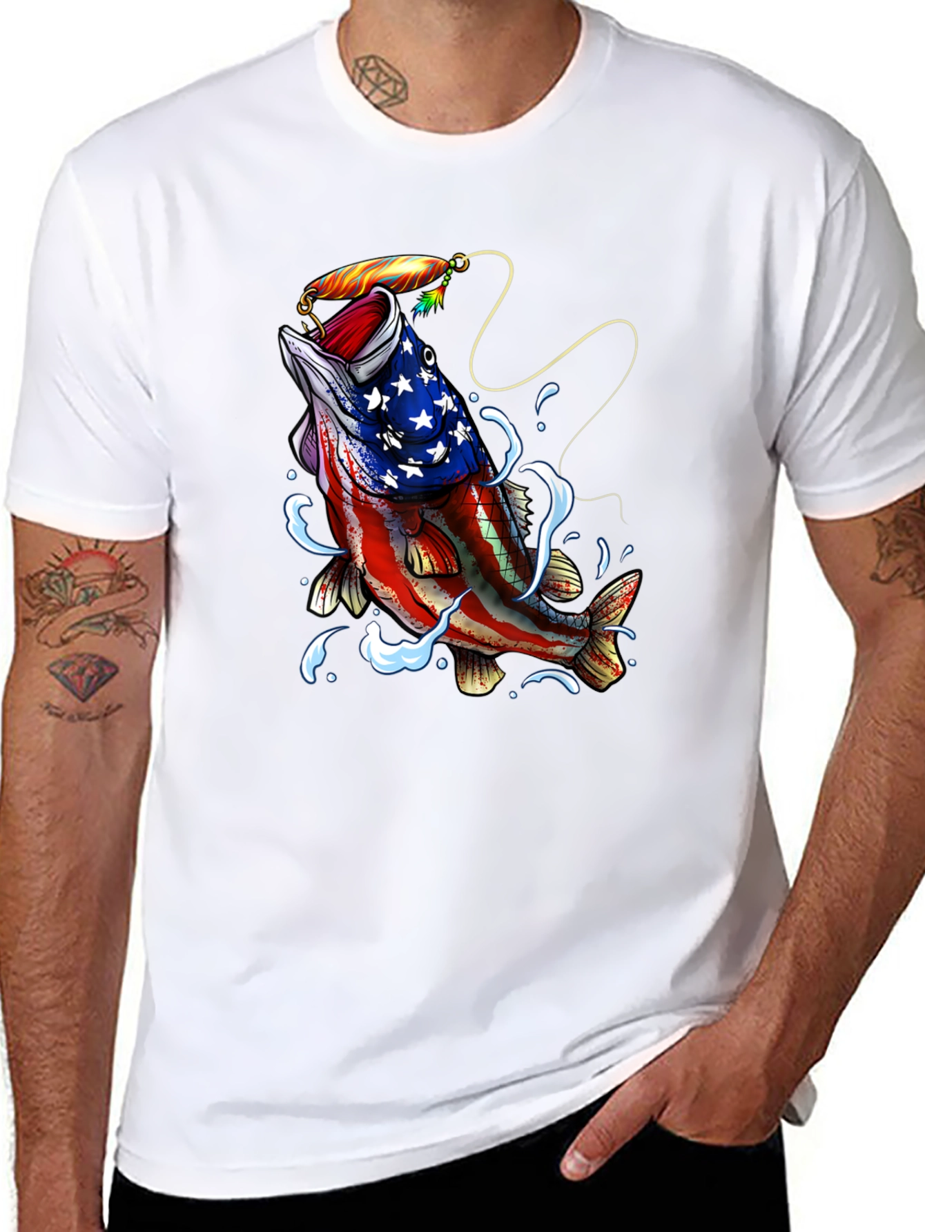 Black American Flag Bass Fishing Graphic T-Shirt view 8