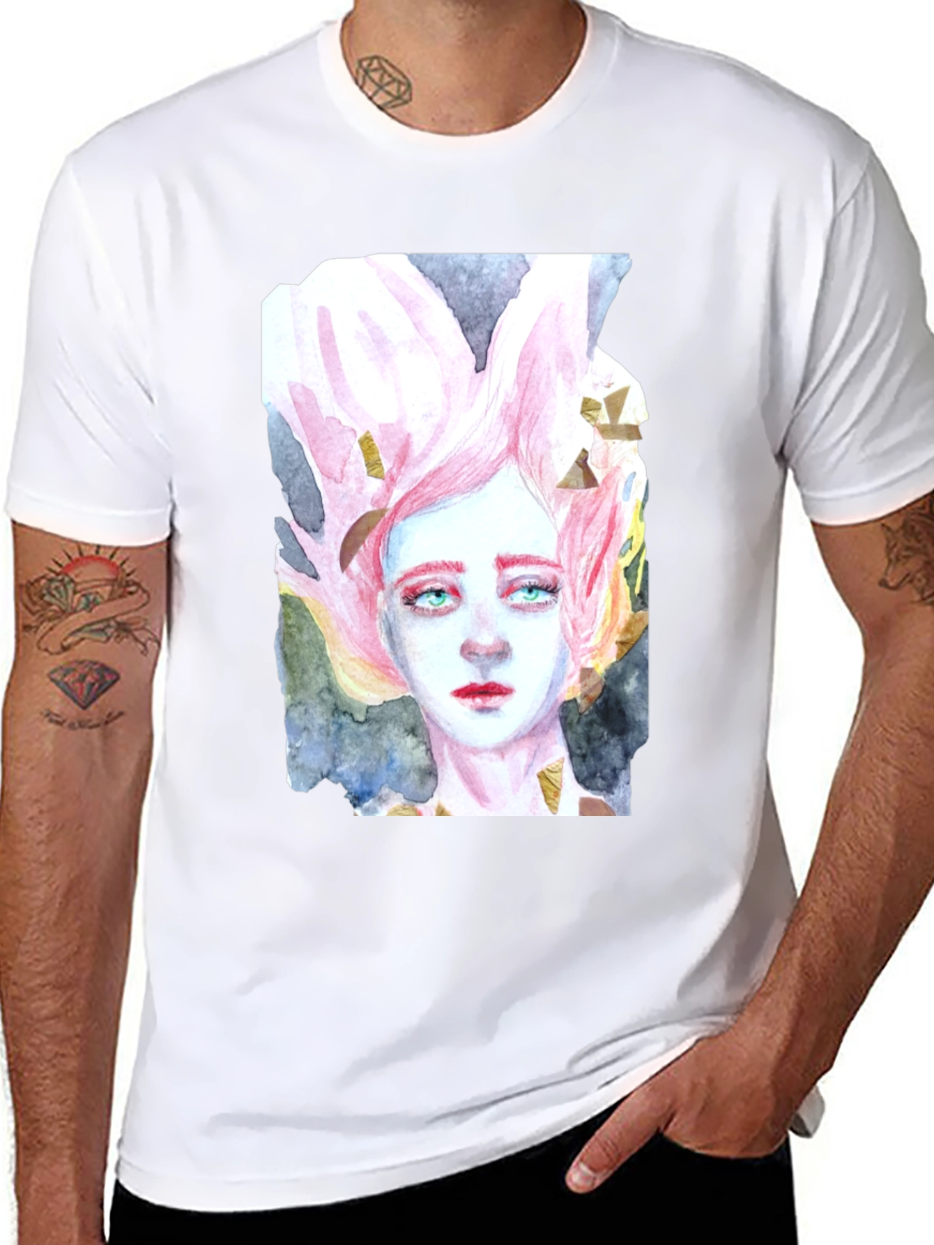 Black Watercolor Portrait Graphic T-Shirt view 8