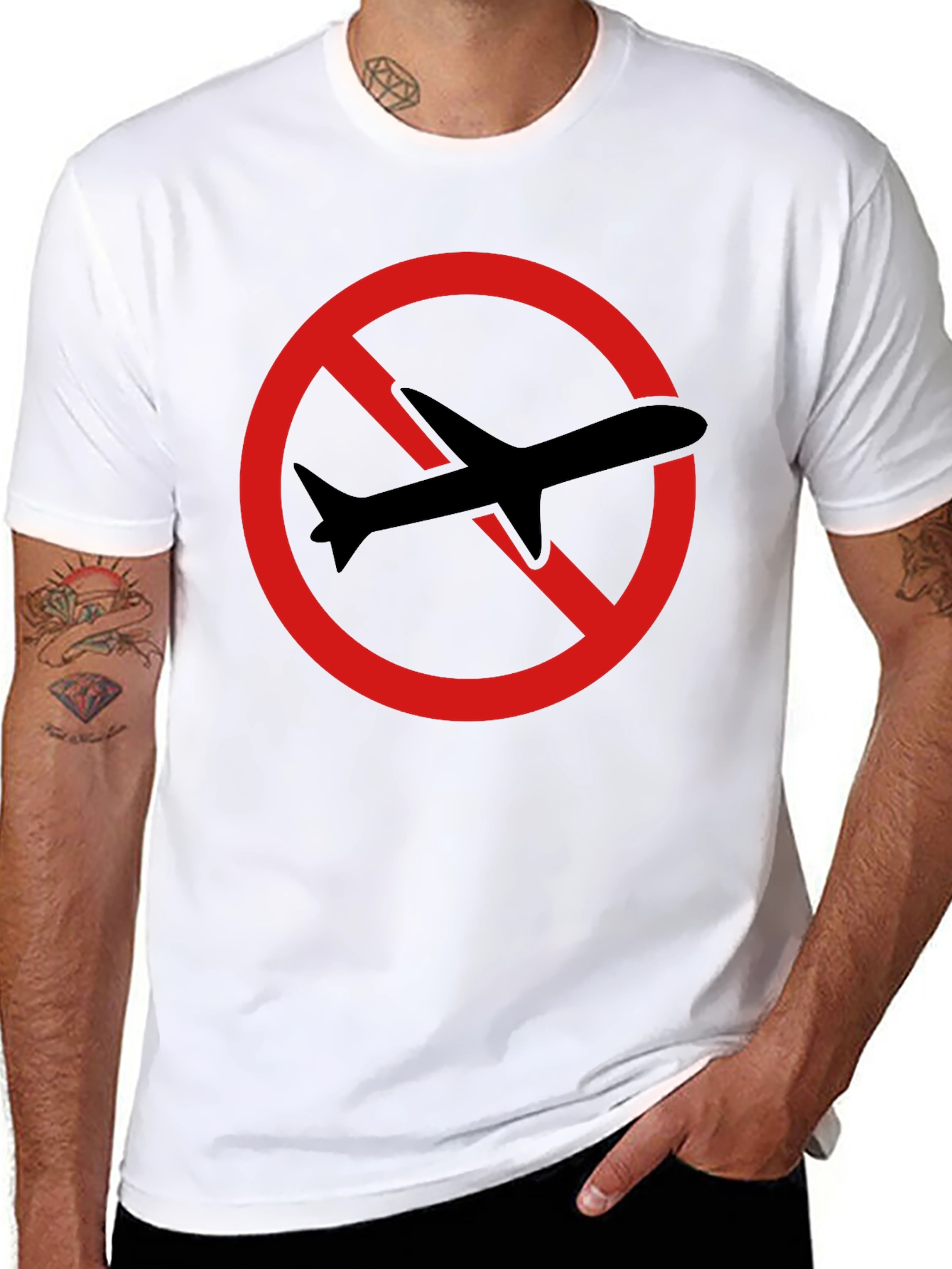 Black No Flying T-Shirt - Black Cotton Tee with Airplane Graphic view 8