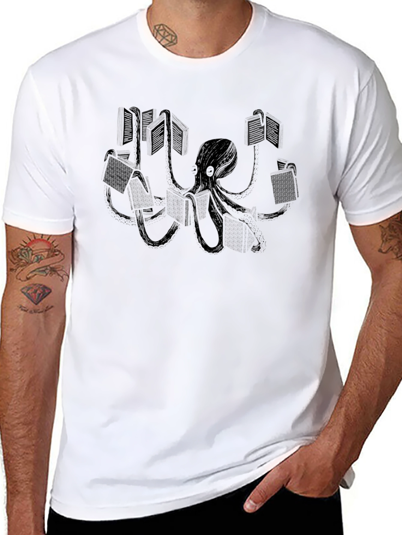 Black Octopus Reader Graphic Tee - Black Cotton T-Shirt view 8