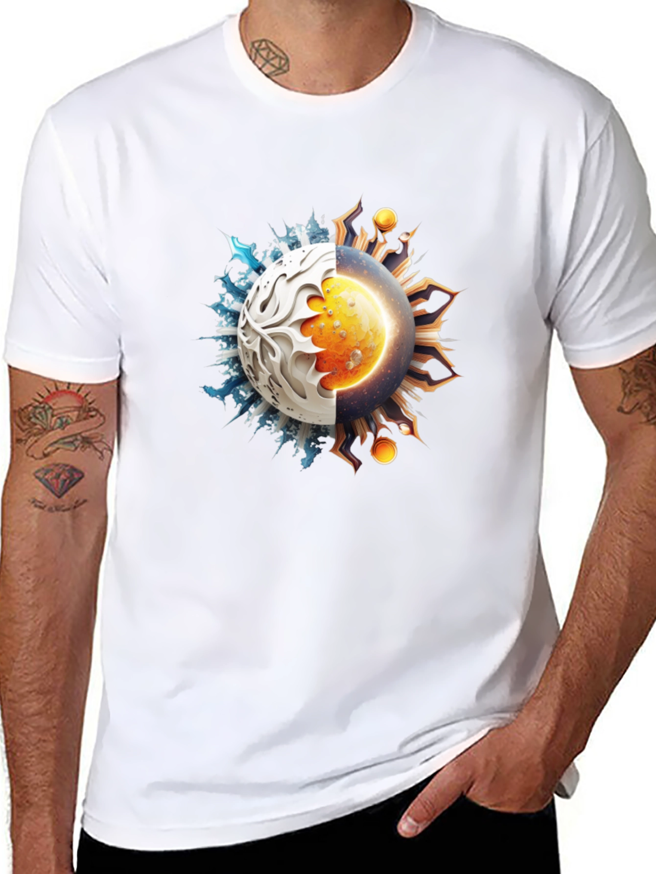 Black Yin Yang Sun and Ice Planet Graphic Tee view 8