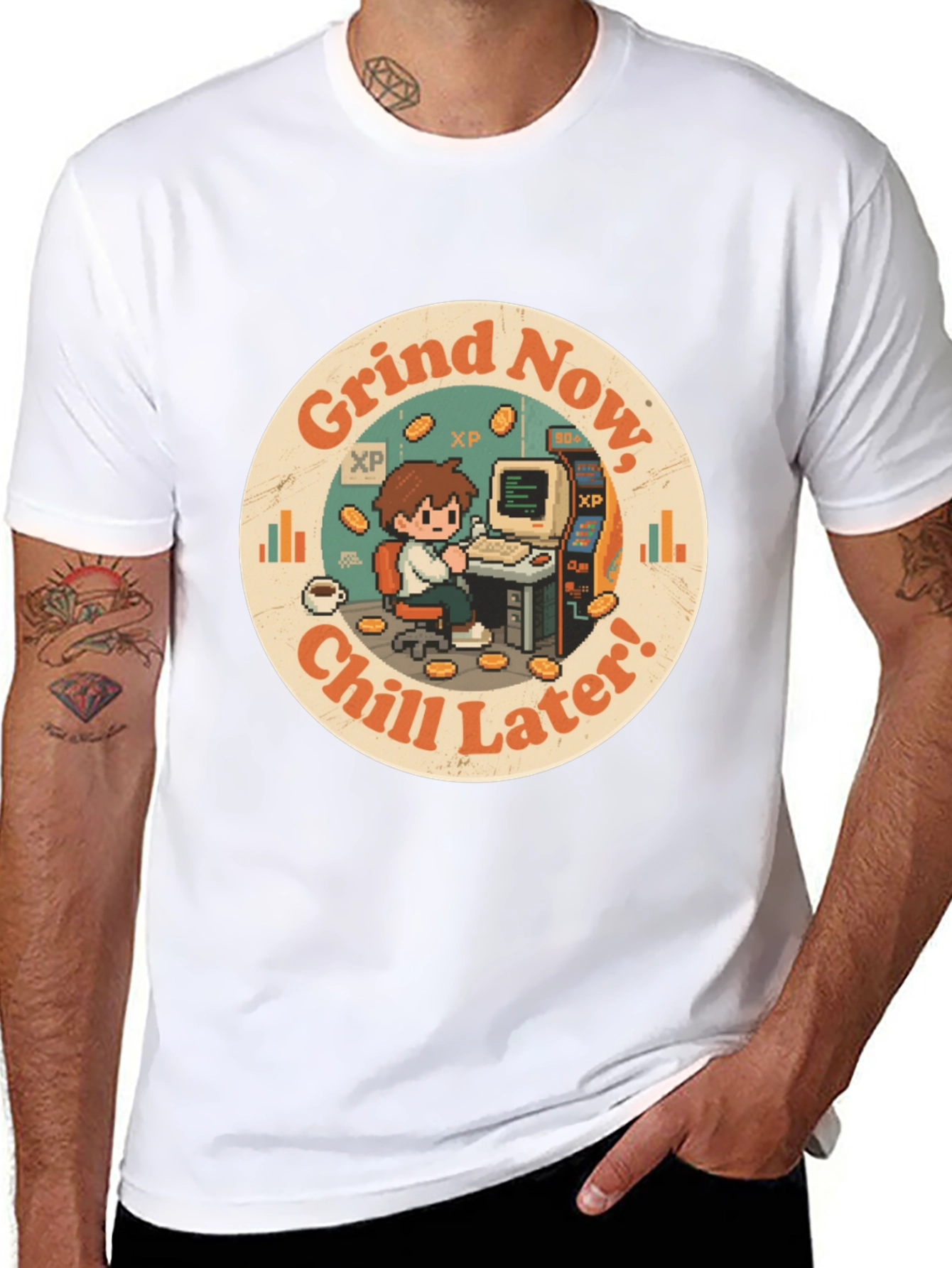 Black Grind Now, Chill Later T-Shirt - Gamer Style view 8
