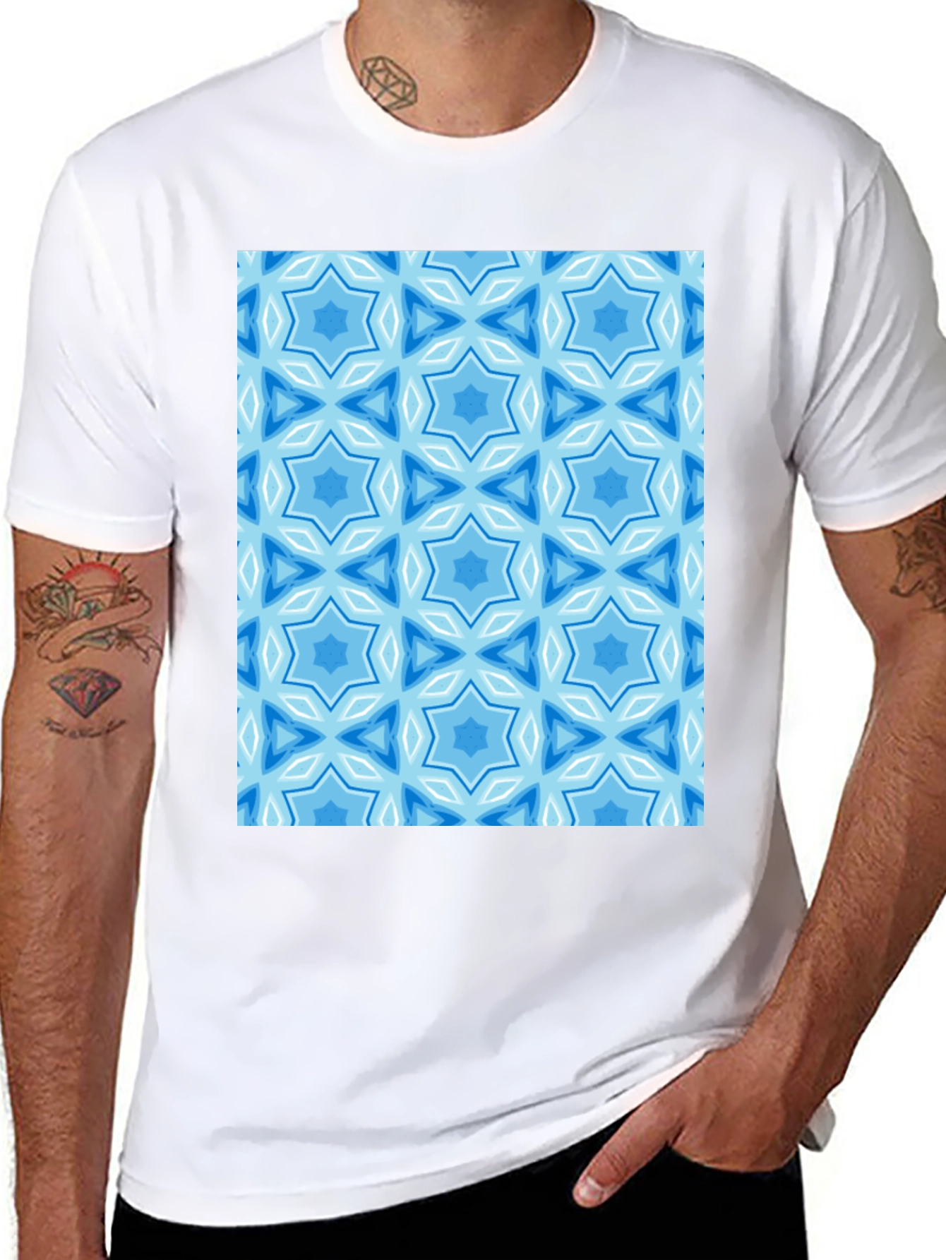 Black Blue Starburst Pattern Black T-Shirt view 8