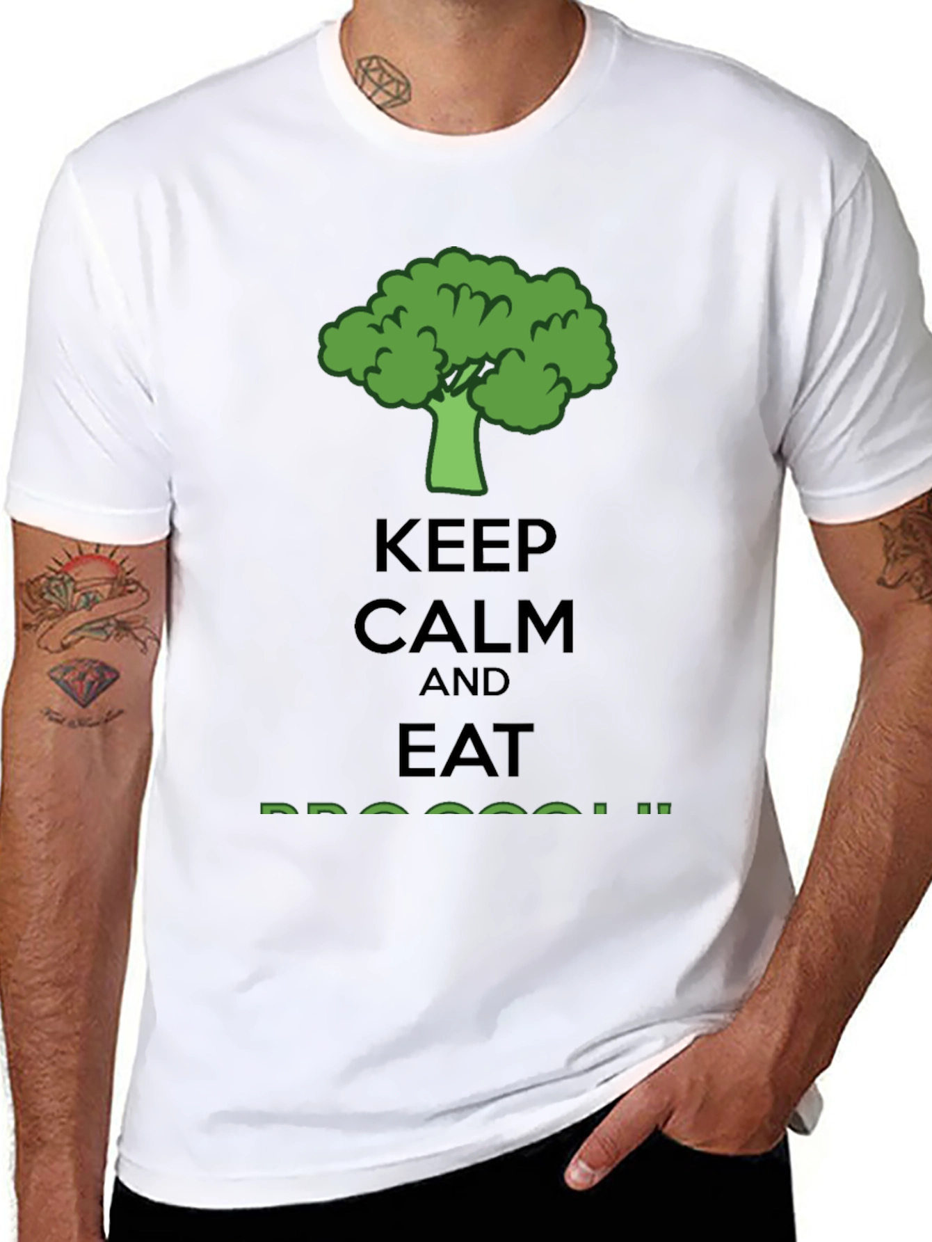 Black Keep Calm Eat Broccoli T-Shirt - Funny Vegan Tee view 8