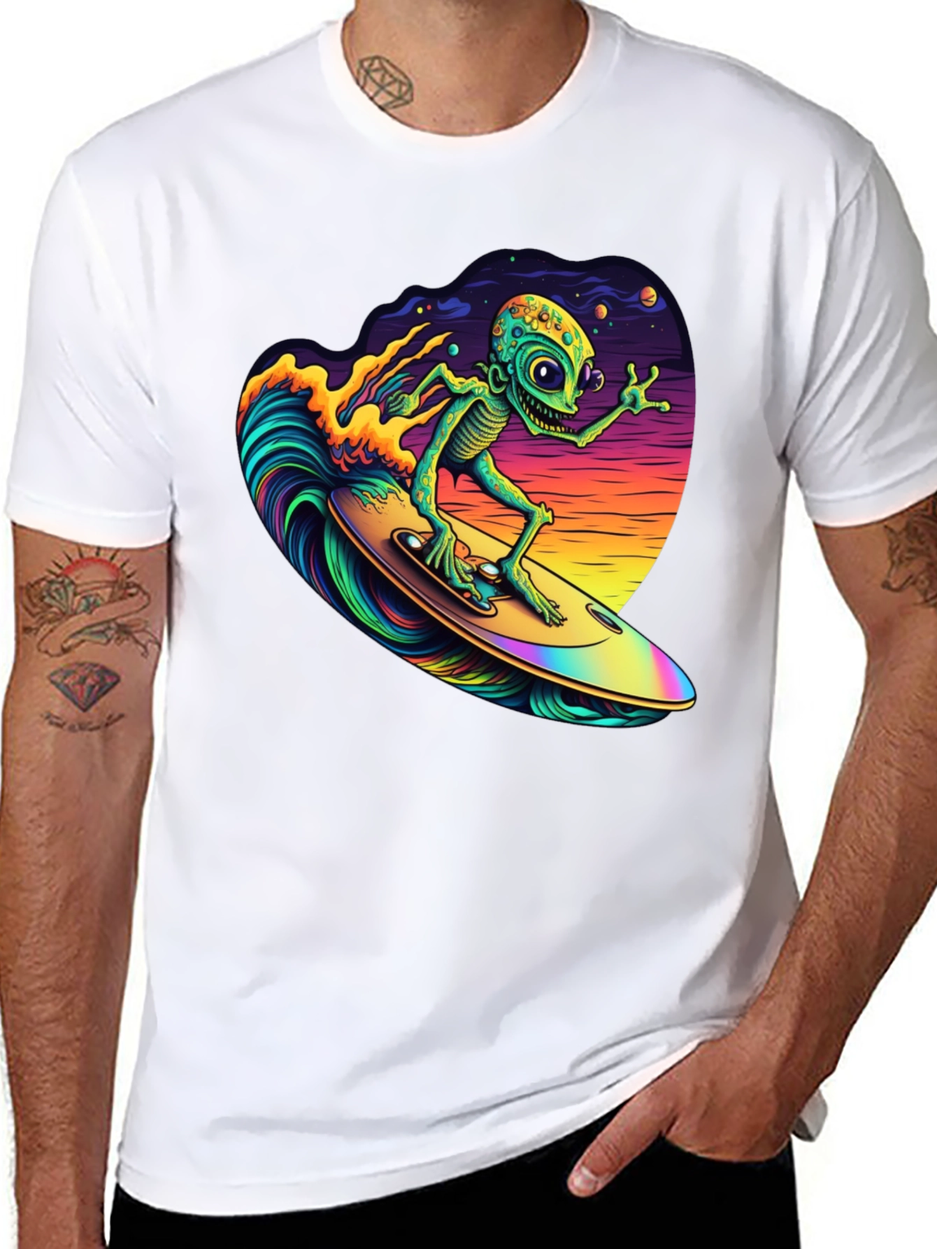 Black Surfing Alien T-Shirt - Black Cotton Tee view 8