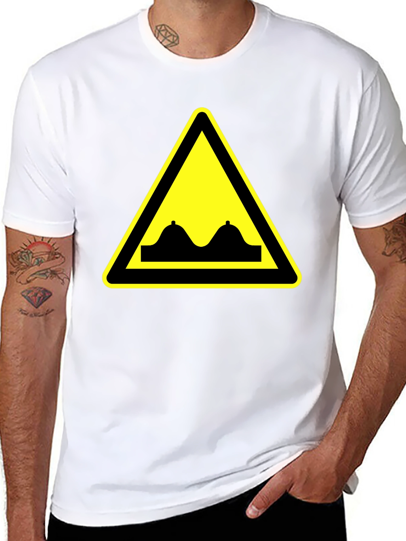 Black Funny Double Bump Warning Sign Black T-Shirt view 8
