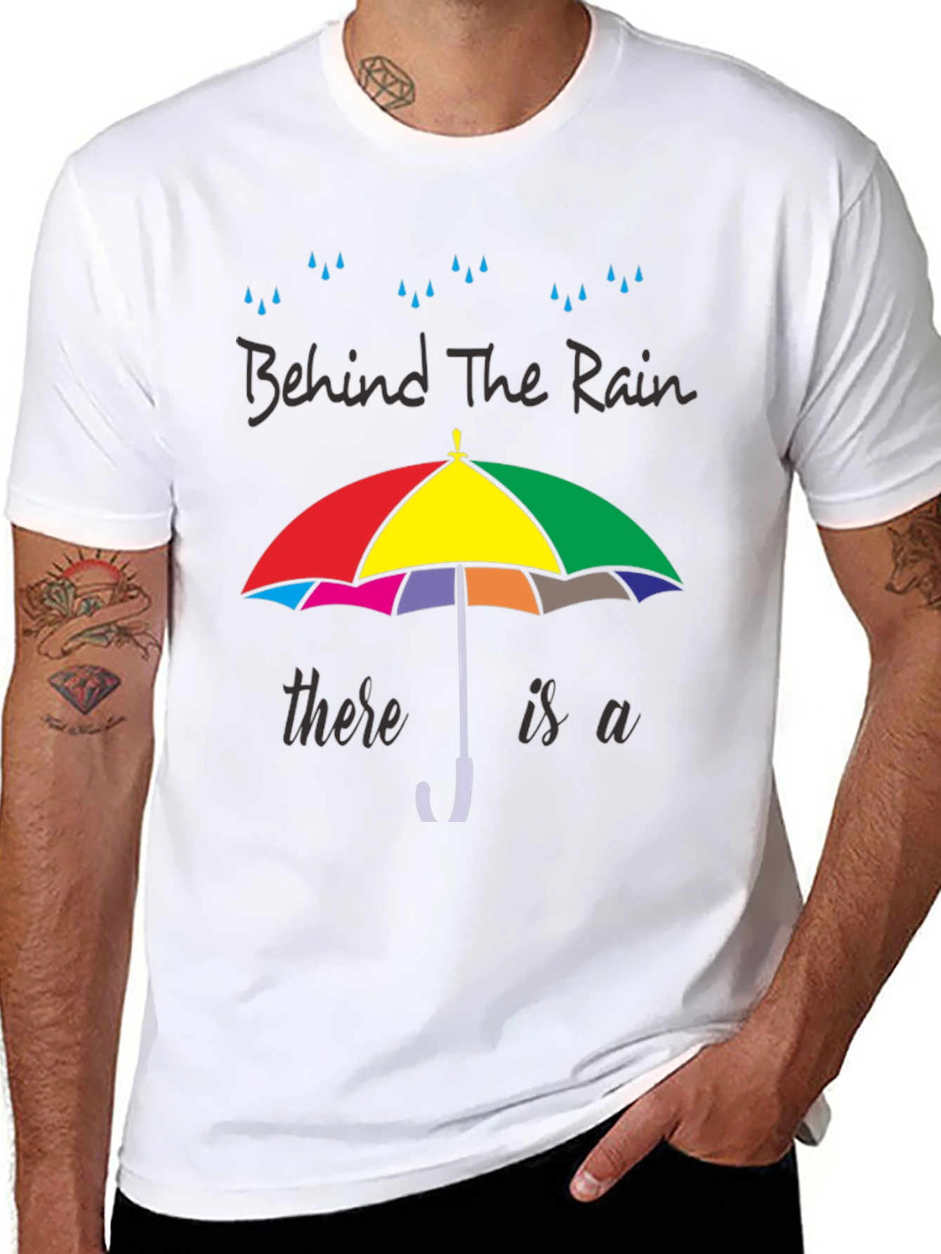 Black Behind The Rain T-Shirt - Colorful Umbrella Graphic Tee view 8