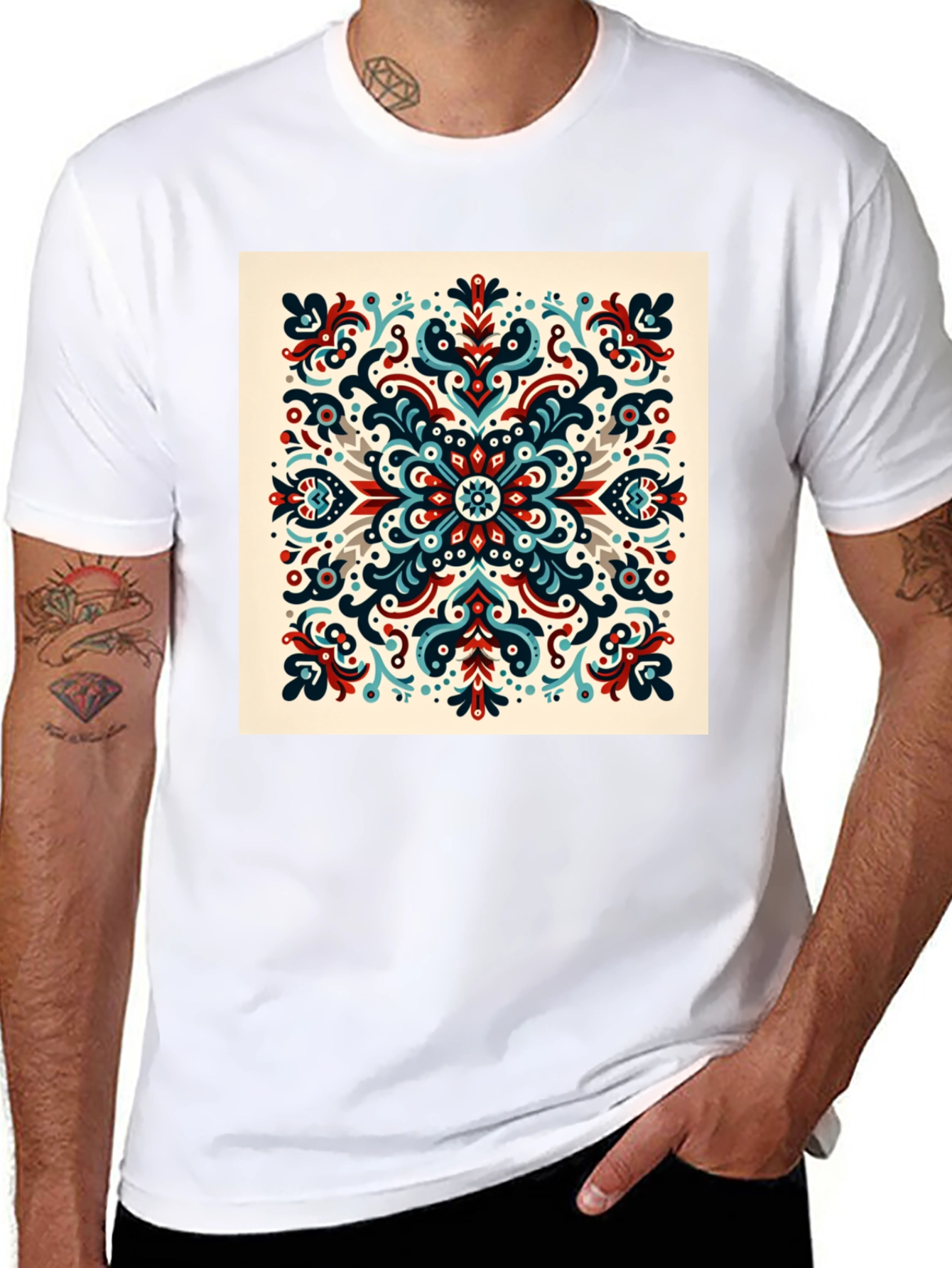 Black Ornamental Mandala Graphic Print Black T-Shirt view 8