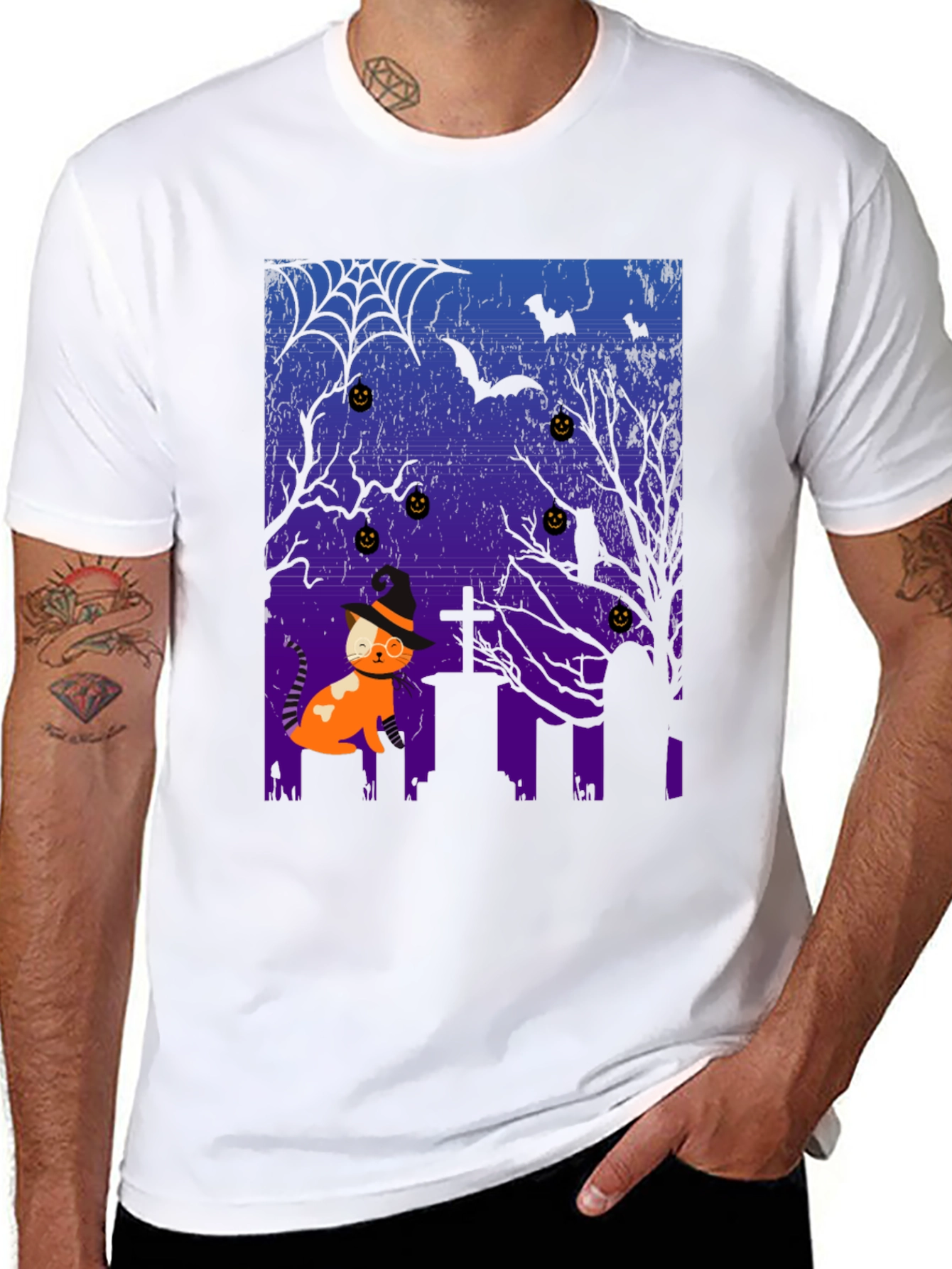 Black Halloween Cat T-Shirt - Spooky Graveyard Design view 8