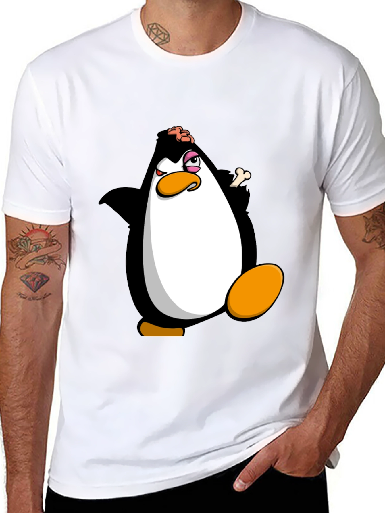 Black Funny Penguin Cartoon Graphic Print Black T-Shirt view 8