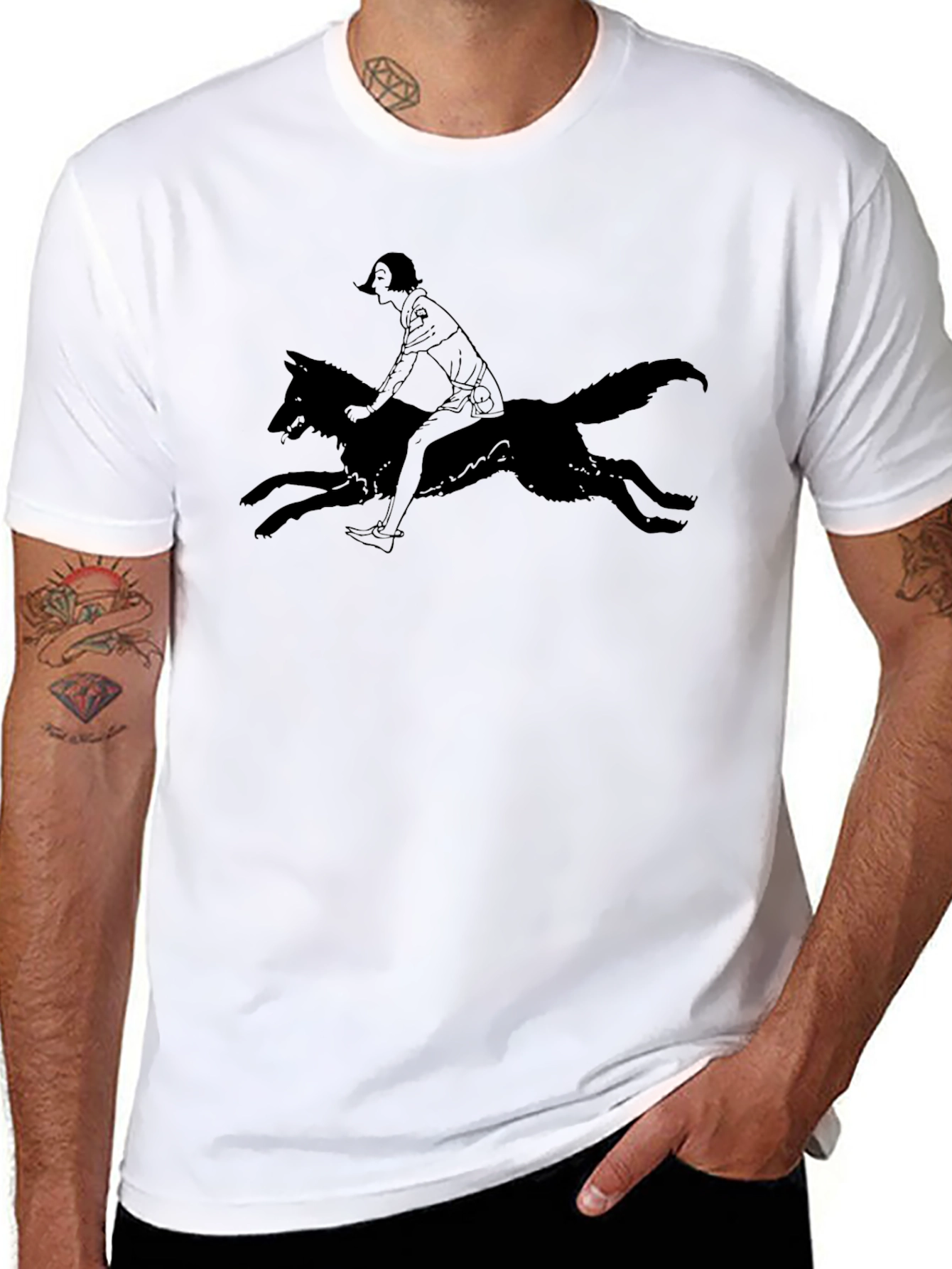 Black Black Tee - Girl Riding Wolf Graphic view 8