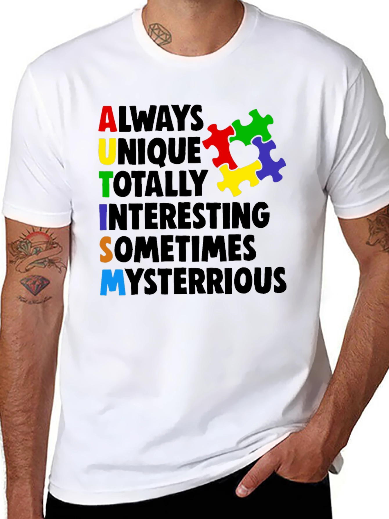 Black Autism Awareness T-Shirt - Colorful Puzzle Design view 8