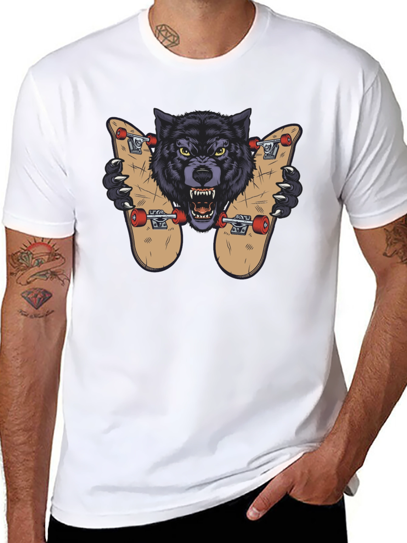 Black Wolf Skateboard Graphic Tee - Cool Streetwear Design view 8