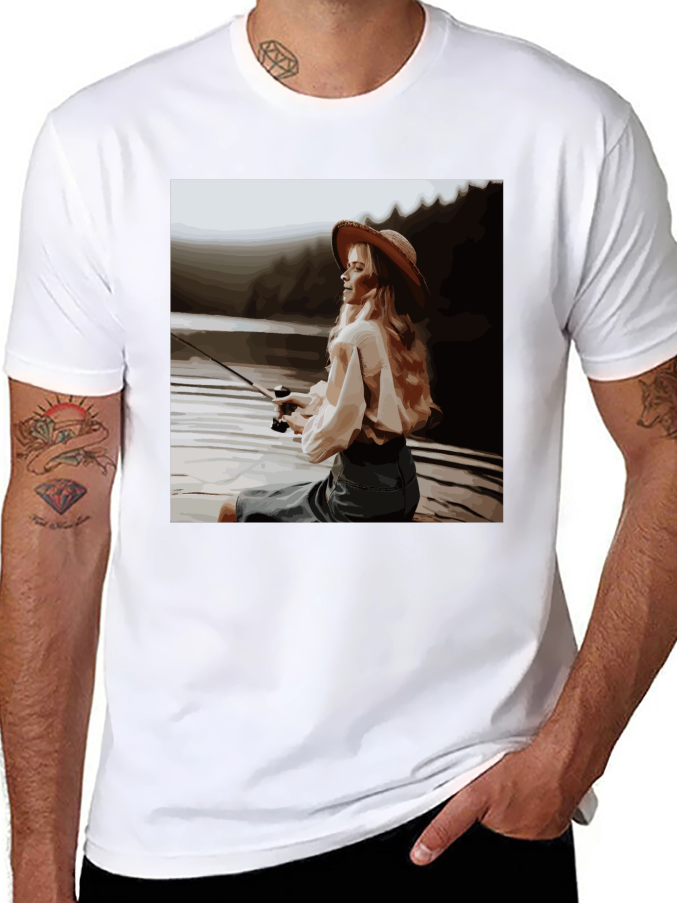 Black Woman Fishing Graphic Tee - Black Cotton T-Shirt view 8